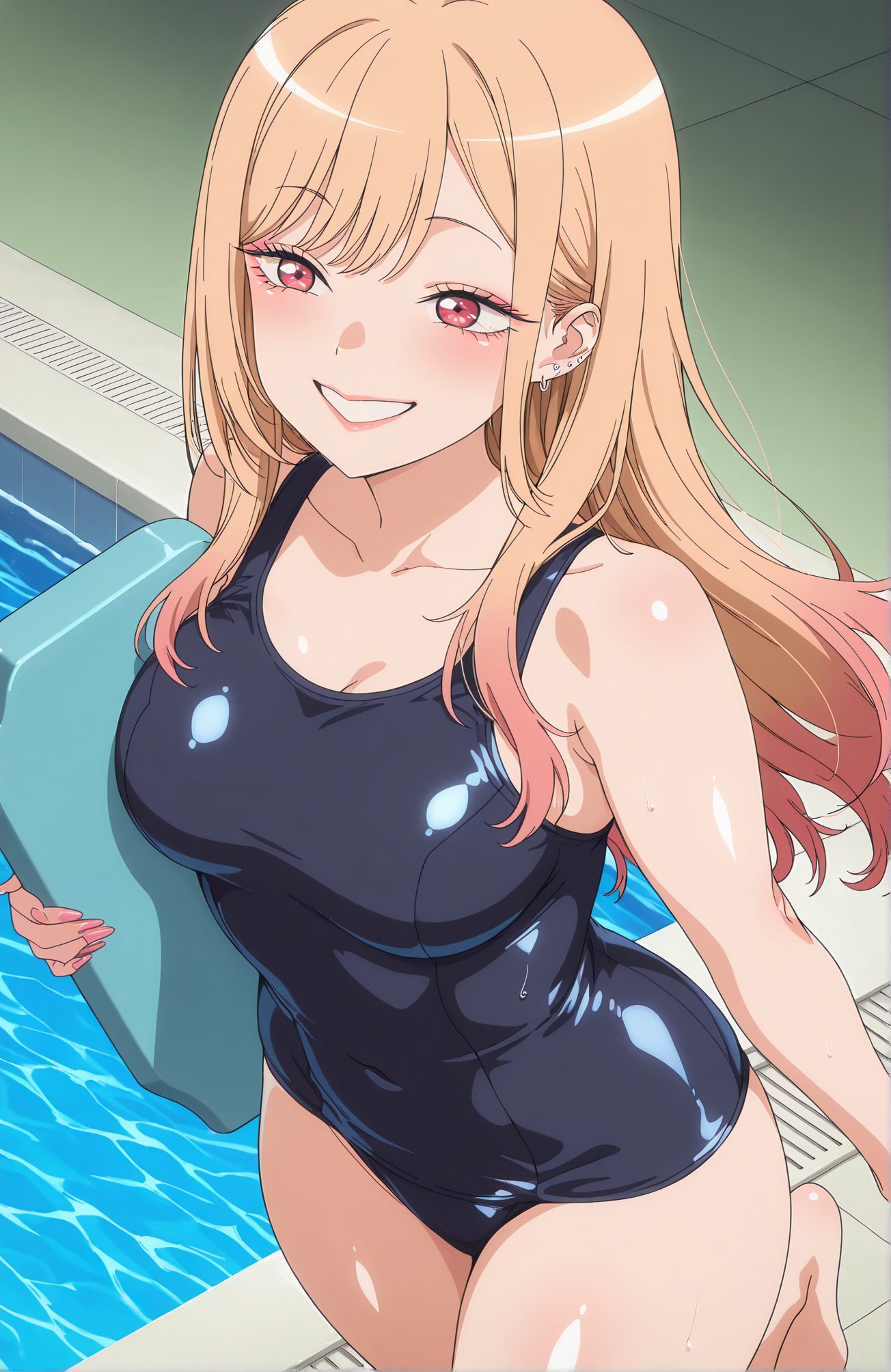 sensitive, 1girl, solo, long_hair, breasts, blush, smile, bangs, blonde_hair, large_breasts, red_eyes, cleavage, jewelry, collarbone, swimsuit, thighs, multicolored_hair, earrings, shiny, indoors, water, grin, one-piece_swimsuit, shiny_skin, gradient_hair, makeup, piercing, school_swimsuit, ear_piercing, shiny_clothes, pool, poolside, colored_tips, barbell_piercing, kickboard, kitagawa_marin, 長い髪, 赤面, 笑顔, 前髪, 金髪, 大きな胸, 赤い目, ジュエリー, 鎖骨, 水着, 多色髪, イヤリング, 光沢, ワンピース水着, 光沢肌, 学校水着, 喜多川海夢
