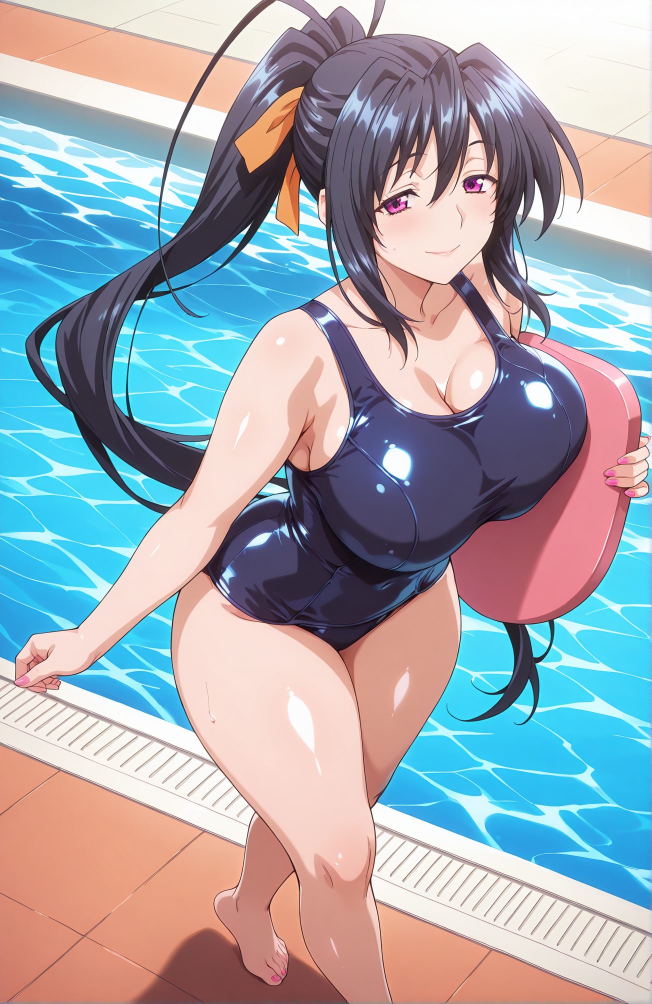 sensitive, 1girl, solo, long_hair, breasts, looking_at_viewer, blush, smile, bangs, large_breasts, black_hair, ribbon, holding, cleavage, hair_between_eyes, bare_shoulders, very_long_hair, closed_mouth, purple_eyes, collarbone, swimsuit, hair_ribbon, ponytail, thighs, barefoot, water, nail_polish, wet, one-piece_swimsuit, school_swimsuit, pink_nails, blue_one-piece_swimsuit, pool, orange_ribbon, kickboard, himejima_akeno, 長い髪, 赤面, 笑顔, 前髪, 大きな胸, 黒髪, リボン, 目にかかる髪, 肩出し, とても長い髪, 口閉じ, 鎖骨, 水着, 髪リボン, ポニーテール, ワンピース水着, 学校水着, 姫島朱乃