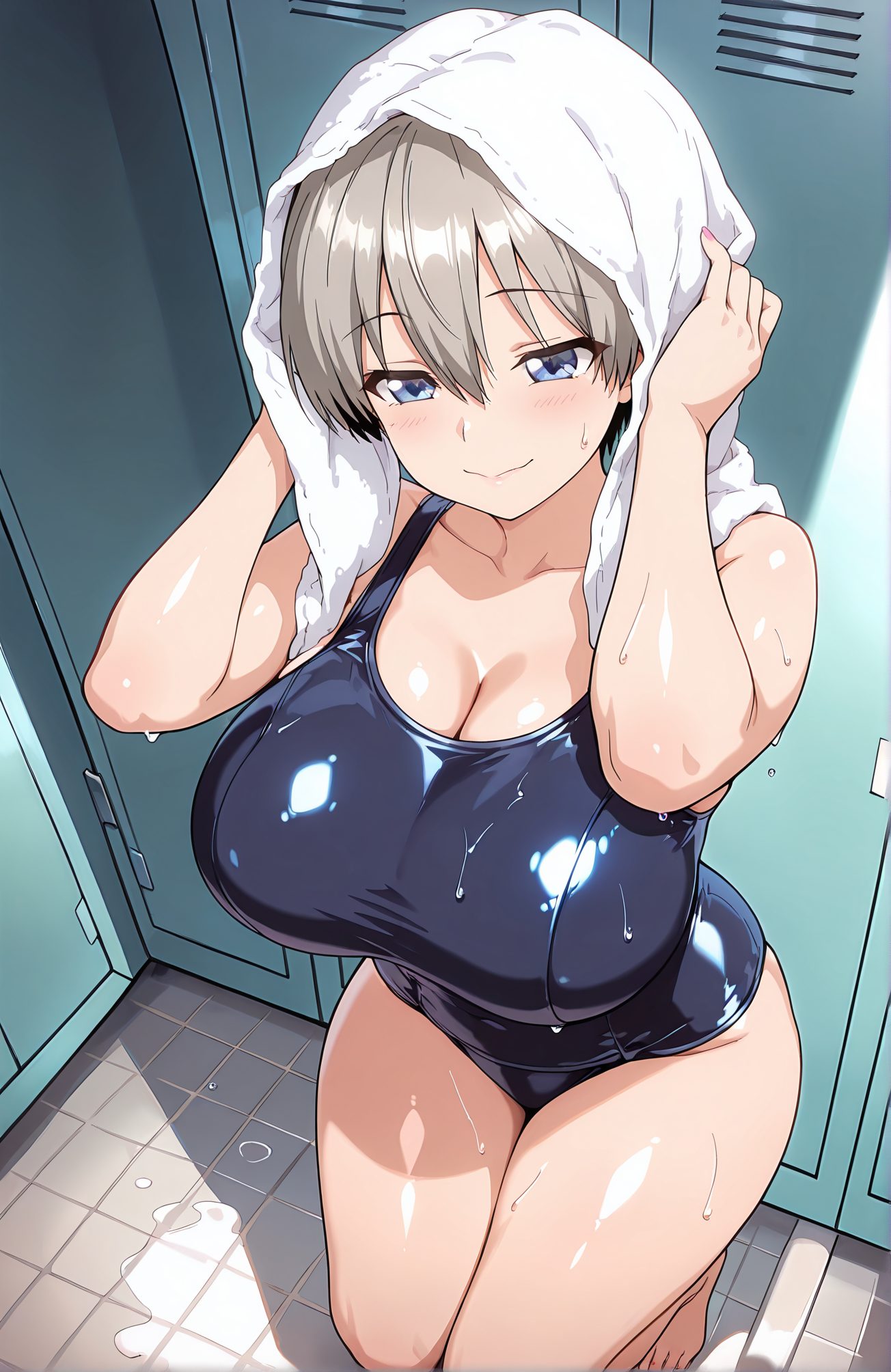 sensitive, 1girl, solo, breasts, looking_at_viewer, blush, smile, short_hair, bangs, blue_eyes, large_breasts, cleavage, hair_between_eyes, bare_shoulders, closed_mouth, collarbone, swimsuit, grey_hair, thighs, barefoot, shiny, indoors, wet, one-piece_swimsuit, shiny_skin, kneeling, school_swimsuit, towel, shiny_clothes, blue_one-piece_swimsuit, tiles, tile_floor, towel_on_head, locker, locker_room, drying, drying_hair, uzaki_hana, 赤面, 笑顔, 短い髪, 前髪, 青い目, 大きな胸, 目にかかる髪, 肩出し, 口閉じ, 鎖骨, 水着, 灰髪, 光沢, ワンピース水着, 光沢肌, 学校水着, 宇崎花, 宇崎花_posted