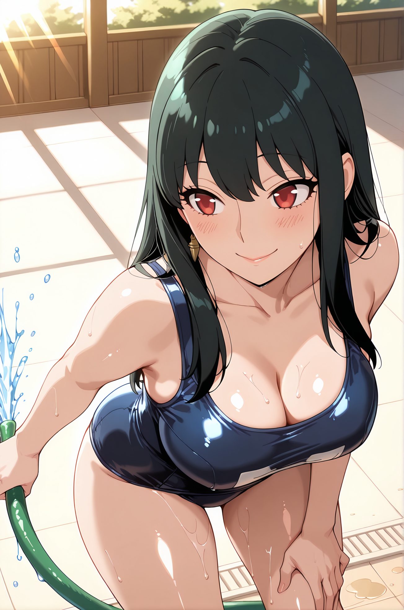 sensitive, 1girl, solo, long_hair, breasts, blush, smile, bangs, large_breasts, black_hair, red_eyes, holding, cleavage, bare_shoulders, jewelry, closed_mouth, collarbone, swimsuit, sidelocks, thighs, hairband, earrings, shiny, water, wet, one-piece_swimsuit, bare_arms, skindentation, leaning_forward, school_swimsuit, wet_clothes, straight_hair, shiny_clothes, blue_one-piece_swimsuit, hair_down, pool, poolside, hose, pool_ladder, gold_earrings, yor_briar, 長い髪, 赤面, 笑顔, 前髪, 大きな胸, 黒髪, 赤い目, 肩出し, ジュエリー, 口閉じ, 鎖骨, 水着, サイドロック, ヘアバンド, イヤリング, 光沢, ワンピース水着, 学校水着, ヨル・ブライア