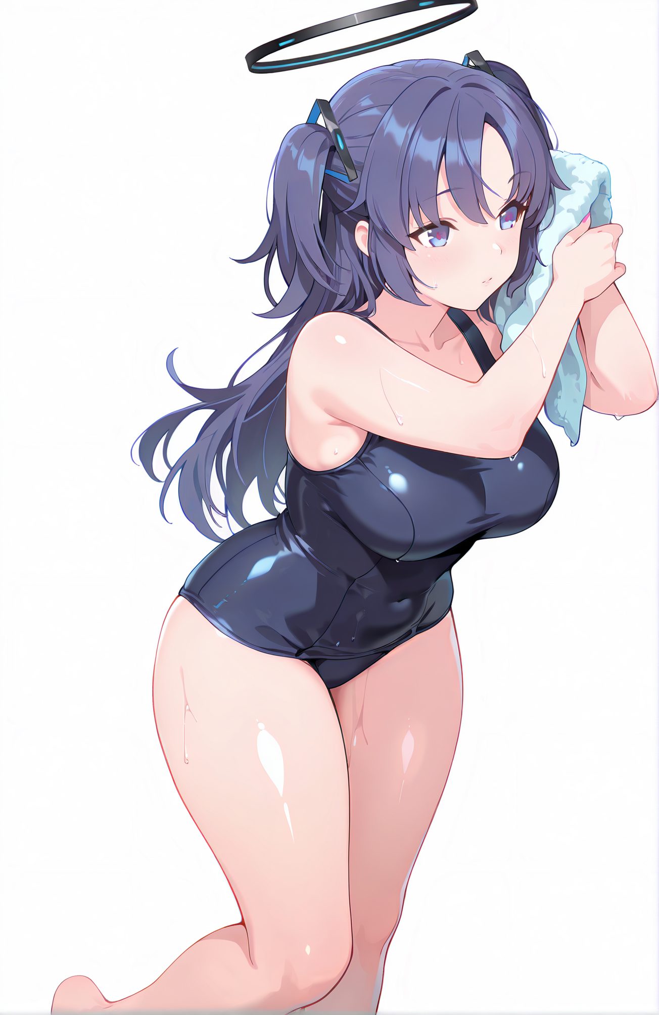 sensitive, 1girl, solo, long_hair, breasts, blush, bangs, blue_eyes, large_breasts, simple_background, white_background, holding, bare_shoulders, closed_mouth, purple_eyes, collarbone, swimsuit, purple_hair, thighs, two_side_up, wet, one-piece_swimsuit, parted_bangs, bare_arms, bare_legs, covered_navel, halo, school_swimsuit, towel, blue_one-piece_swimsuit, black_one-piece_swimsuit, yuuka_(blue_archive), 長い髪, 赤面, 前髪, 青い目, 大きな胸, 肩出し, 口閉じ, 鎖骨, 水着, 紫髪, 両側アップ, ワンピース水着, 学校水着, ユウカ（ブルーアーカイブ）