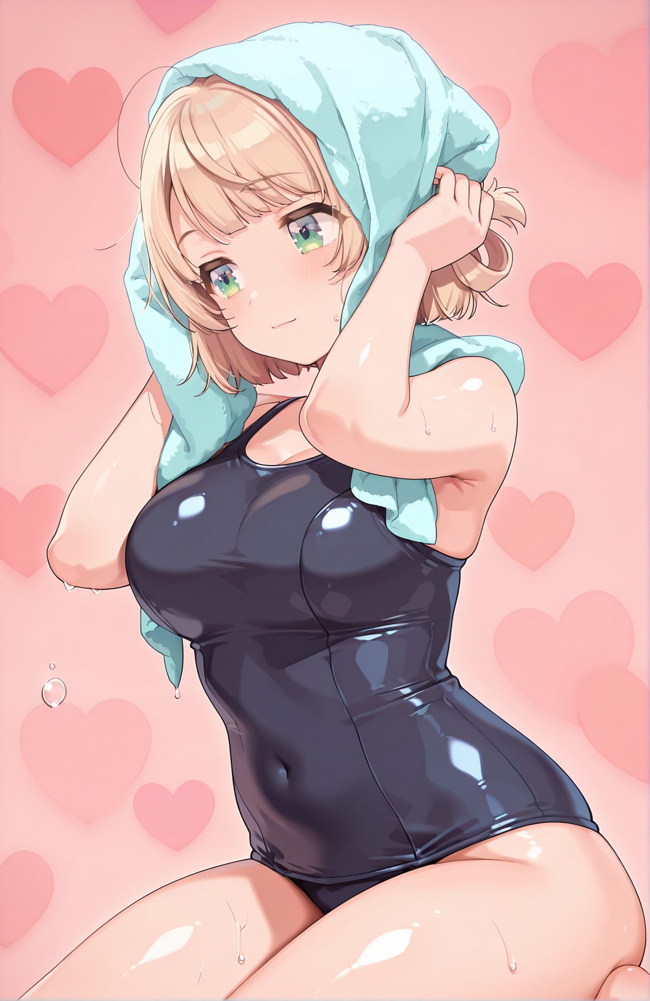 sensitive, 1girl, solo, breasts, blush, smile, short_hair, bangs, blonde_hair, large_breasts, sitting, closed_mouth, green_eyes, swimsuit, heart, virtual_youtuber, wet, one-piece_swimsuit, covered_navel, pink_background, school_swimsuit, light_brown_hair, towel, pom_pom_(clothes), blue_one-piece_swimsuit, black_one-piece_swimsuit, old_school_swimsuit, heart_background, drying, pom_pom_hair_ornament, drying_hair, 赤面, 笑顔, 短い髪, 前髪, 金髪, 大きな胸, 座り, 口閉じ, 緑の目, 水着, バーチャルYouTuber, ワンピース水着, 学校水着, 旧スクール水着, しぐれうい