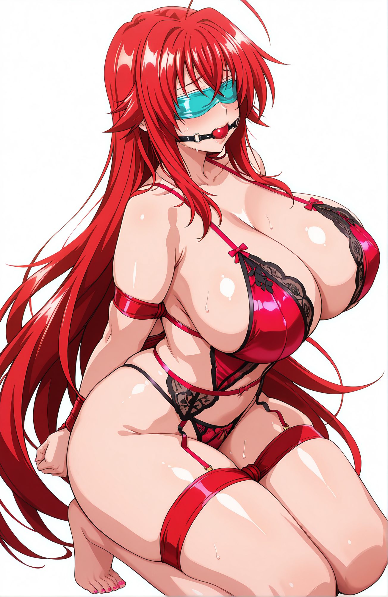 questionable, 1girl, solo, long_hair, breasts, blush, large_breasts, simple_background, white_background, cleavage, very_long_hair, underwear, collarbone, panties, ahoge, thighs, red_hair, sweat, barefoot, nail_polish, bra, huge_breasts, shiny_skin, kneeling, arms_behind_back, bound, bdsm, lingerie, bondage, restrained, garter_belt, blindfold, gag, toenail_polish, gagged, red_panties, bound_arms, covered_eyes, huge_ahoge, ball_gag, red_bra, rias_gremory, 長い髪, 赤面, 大きな胸, とても長い髪, 下着, 鎖骨, パンツ, アホ毛, 赤髪, 汗, ブラ, 巨大な胸, 光沢肌, ランジェリー, 拘束, リアス・グレモリー, Posted
