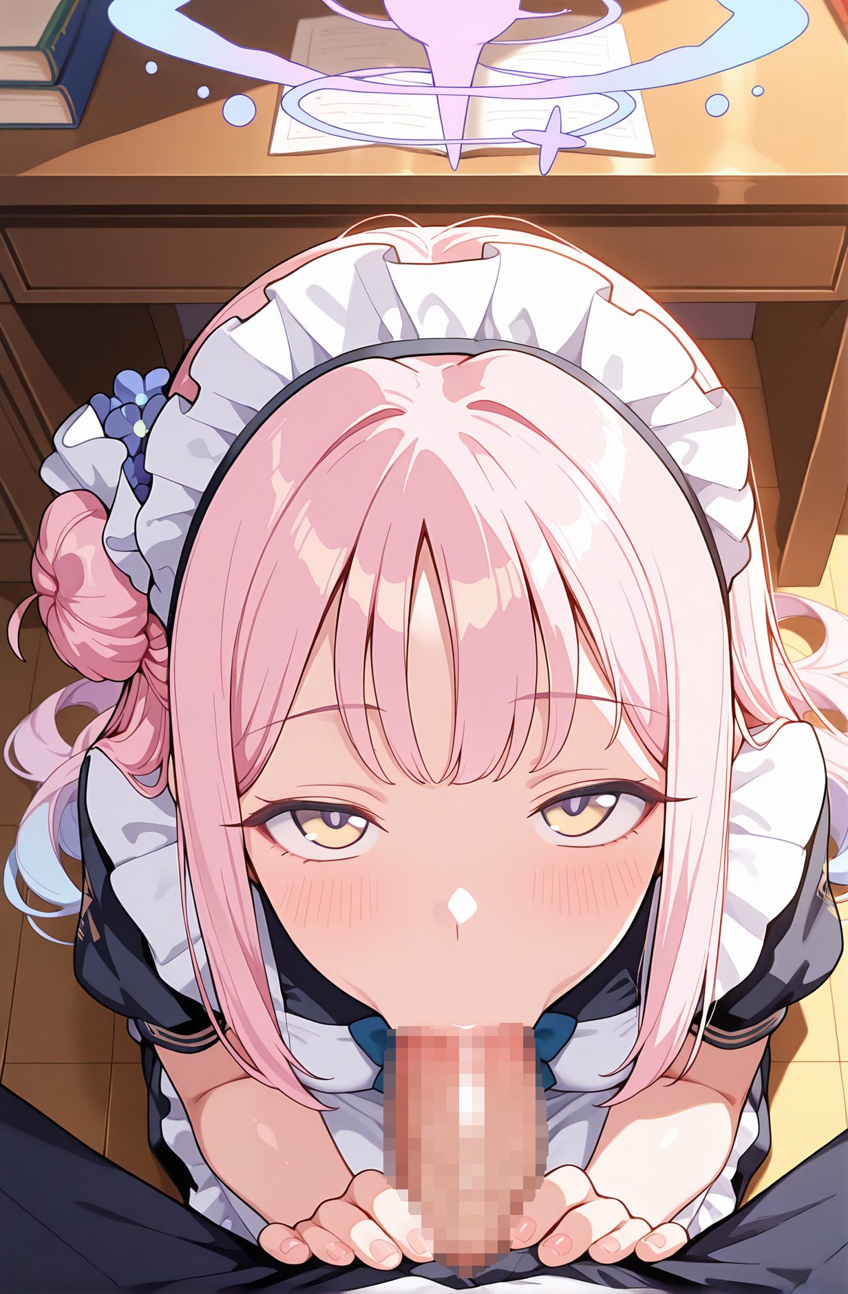 explicit, 1girl, long_hair, looking_at_viewer, blush, bangs, hair_ornament, 1boy, dress, bow, yellow_eyes, pink_hair, flower, short_sleeves, hetero, frills, penis, solo_focus, alternate_costume, puffy_sleeves, hair_bun, apron, black_dress, puffy_short_sleeves, maid, maid_headdress, saliva, uncensored, pov, from_above, halo, blue_bow, oral, looking_up, fellatio, wooden_floor, enmaided, single_side_bun, pov_crotch, :>=, mika_(blue_archive), 長い髪, 赤面, 前髪, 髪飾り, ボウ, ピンク髪, 髪団子, よだれ, 無修正, オーラル, フェラチオ, ミカ（ブルーアーカイブ）” class=”wp-image-8548″/>
</figure>
<hr class=