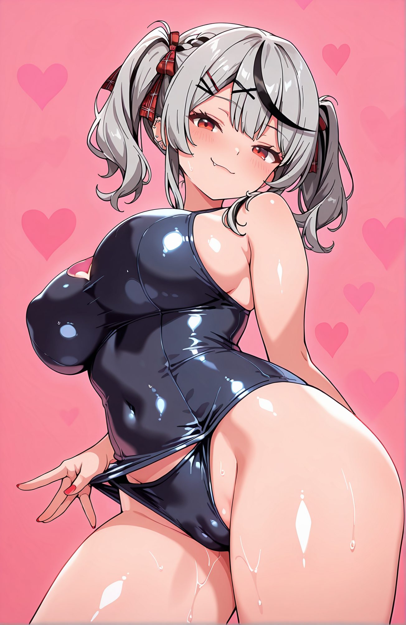 questionable, 1girl, solo, breasts, looking_at_viewer, blush, smile, bangs, large_breasts, simple_background, black_hair, hair_ornament, red_eyes, bow, ribbon, bare_shoulders, twintails, closed_mouth, swimsuit, hair_ribbon, braid, grey_hair, heart, thighs, multicolored_hair, cowboy_shot, hairclip, fang, shiny, virtual_youtuber, medium_hair, nail_polish, covered_nipples, streaked_hair, wet, one-piece_swimsuit, shiny_skin, covered_navel, cameltoe, clothes_pull, piercing, pink_background, school_swimsuit, x_hair_ornament, ear_piercing, red_nails, skin_fang, shiny_clothes, blue_one-piece_swimsuit, black_one-piece_swimsuit, fang_out, plaid_bow, one-piece_swimsuit_pull, sakamata_chloe, 赤面, 笑顔, 前髪, 大きな胸, 黒髪, 髪飾り, 赤い目, ボウ, リボン, 肩出し, ツインテール, 口閉じ, 水着, 髪リボン, 灰髪, 多色髪, ヘアクリップ, 光沢, バーチャルYouTuber, ワンピース水着, 光沢肌, 学校水着, 沙花叉クロヱ, Posted