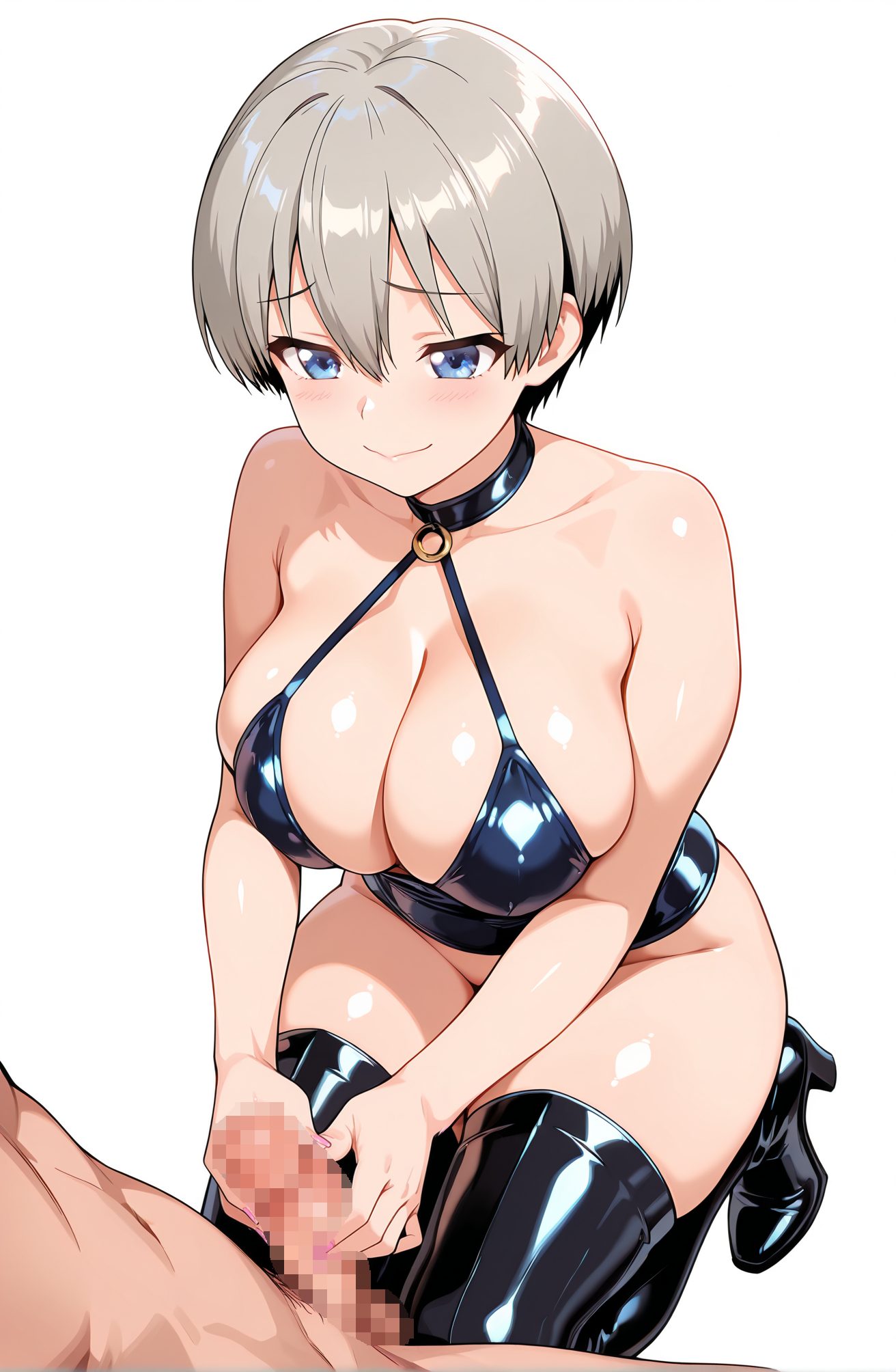 explicit, 1girl, breasts, blush, smile, short_hair, bangs, blue_eyes, large_breasts, simple_background, thighhighs, 1boy, white_background, cleavage, hair_between_eyes, bare_shoulders, closed_mouth, collarbone, hetero, grey_hair, nude, boots, penis, solo_focus, choker, shiny, nail_polish, black_footwear, high_heels, collar, fingernails, shiny_skin, kneeling, uncensored, halterneck, thigh_boots, black_choker, erection, testicles, pink_nails, handjob, o-ring, high_heel_boots, clothed_female_nude_male, veins, shiny_clothes, veiny_penis, o-ring_top, latex, uzaki_hana, 赤面, 笑顔, 短い髪, 前髪, 青い目, 大きな胸, 太ももハイソックス, 目にかかる髪, 肩出し, 口閉じ, 鎖骨, 灰髪, 裸, チョーカー, 光沢, 光沢肌, 無修正, 黒チョーカー, 手コキ, 宇崎花, 宇崎花_posted