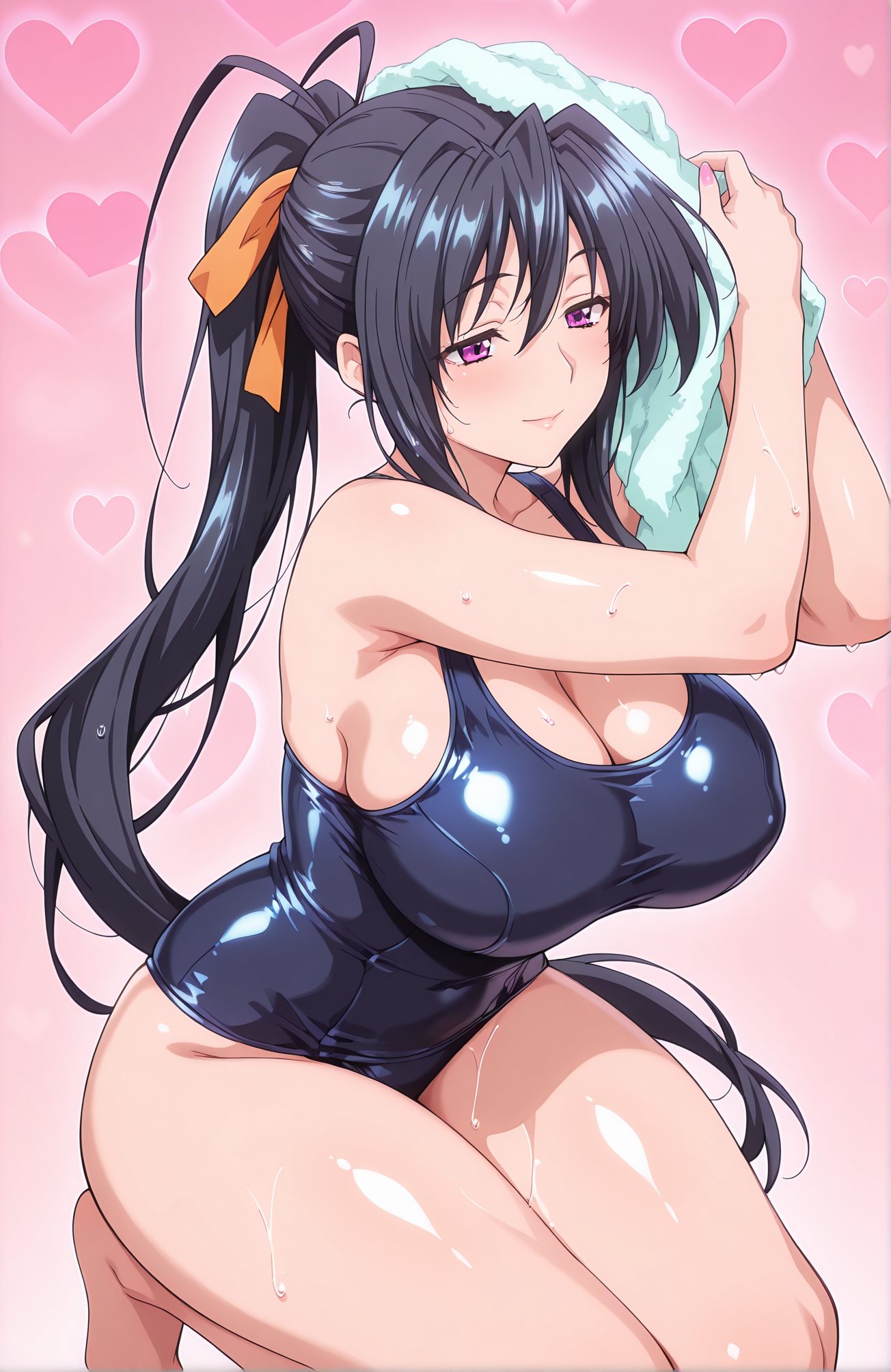 sensitive, 1girl, solo, long_hair, breasts, blush, smile, bangs, large_breasts, black_hair, ribbon, cleavage, hair_between_eyes, bare_shoulders, very_long_hair, closed_mouth, purple_eyes, collarbone, swimsuit, hair_ribbon, ponytail, heart, thighs, barefoot, shiny, wet, one-piece_swimsuit, shiny_skin, kneeling, pink_background, school_swimsuit, towel, shiny_clothes, blue_one-piece_swimsuit, heart_background, orange_ribbon, himejima_akeno, 長い髪, 赤面, 笑顔, 前髪, 大きな胸, 黒髪, リボン, 目にかかる髪, 肩出し, とても長い髪, 口閉じ, 鎖骨, 水着, 髪リボン, ポニーテール, 光沢, ワンピース水着, 光沢肌, 学校水着, 姫島朱乃