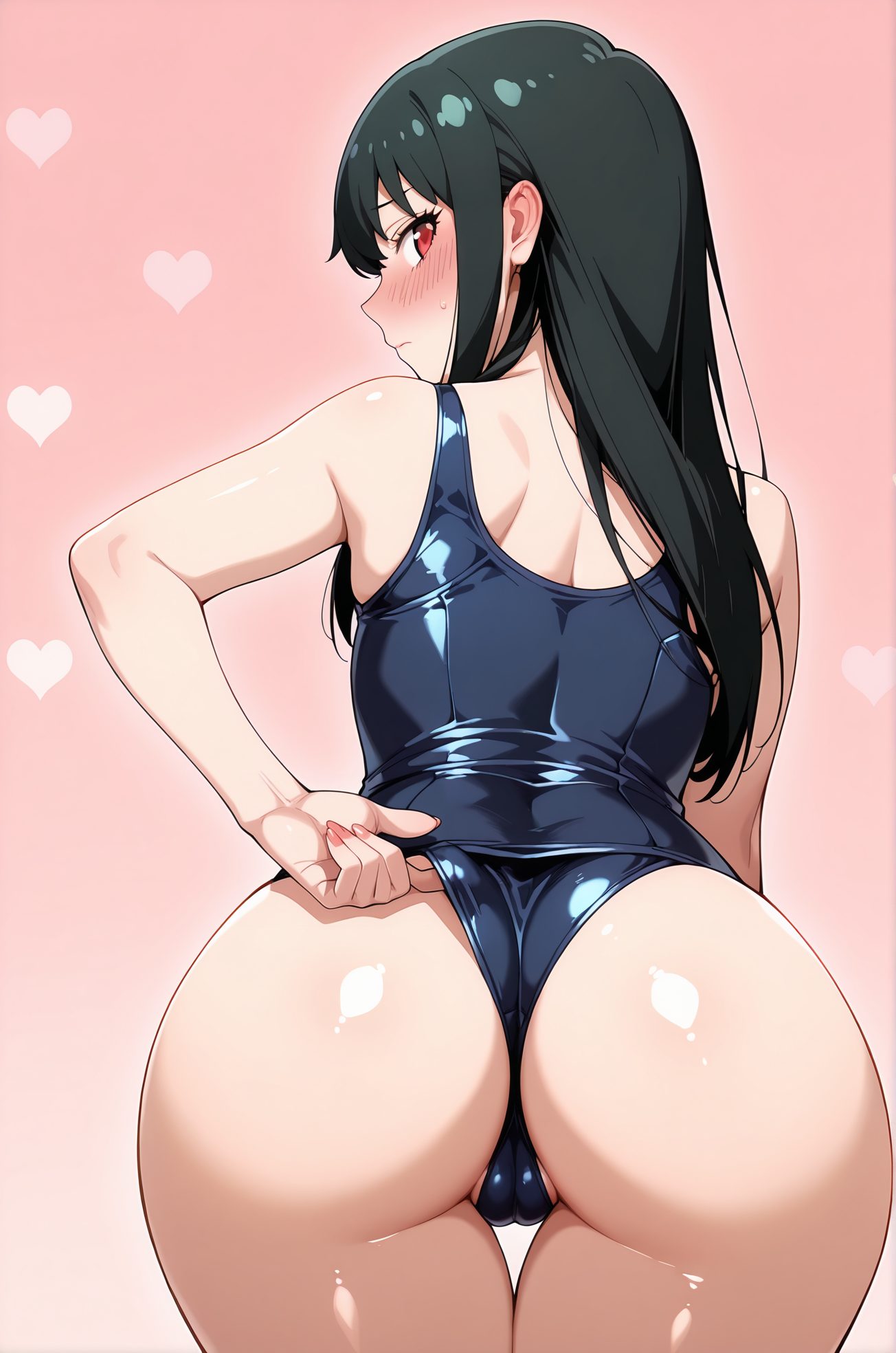 questionable, 1girl, solo, long_hair, breasts, looking_at_viewer, blush, bangs, black_hair, red_eyes, bare_shoulders, closed_mouth, swimsuit, ass, sidelocks, thighs, cowboy_shot, hairband, shiny, looking_back, from_behind, sweatdrop, one-piece_swimsuit, shiny_skin, cameltoe, back, thigh_gap, pink_background, school_swimsuit, shiny_clothes, blue_one-piece_swimsuit, adjusting_clothes, ass_focus, adjusting_swimsuit, yor_briar, 長い髪, 赤面, 前髪, 黒髪, 赤い目, 肩出し, 口閉じ, 水着, サイドロック, ヘアバンド, 光沢, 汗滴, ワンピース水着, 光沢肌, 学校水着, ヨル・ブライア