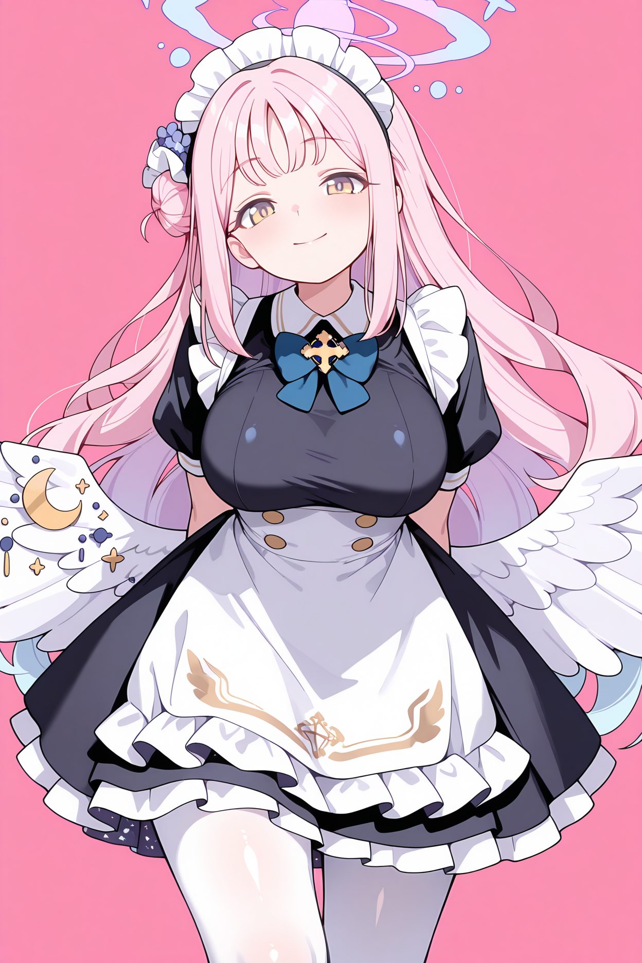sensitive, 1girl, solo, long_hair, breasts, looking_at_viewer, blush, smile, bangs, large_breasts, simple_background, hair_ornament, dress, bow, very_long_hair, closed_mouth, yellow_eyes, pink_hair, flower, short_sleeves, pantyhose, frills, wings, alternate_costume, hair_flower, bowtie, hair_bun, apron, black_dress, head_tilt, maid, maid_headdress, halo, blue_bow, arms_behind_back, pink_background, frilled_dress, crescent, waist_apron, white_apron, feathered_wings, white_pantyhose, angel_wings, enmaided, white_wings, blue_bowtie, single_side_bun, low_wings, mika_(blue_archive), 長い髪, 赤面, 笑顔, 前髪, 大きな胸, 髪飾り, ボウ, とても長い髪, 口閉じ, ピンク髪, パンスト, 髪の花, 髪団子, ウエストエプロン, ミカ（ブルーアーカイブ）