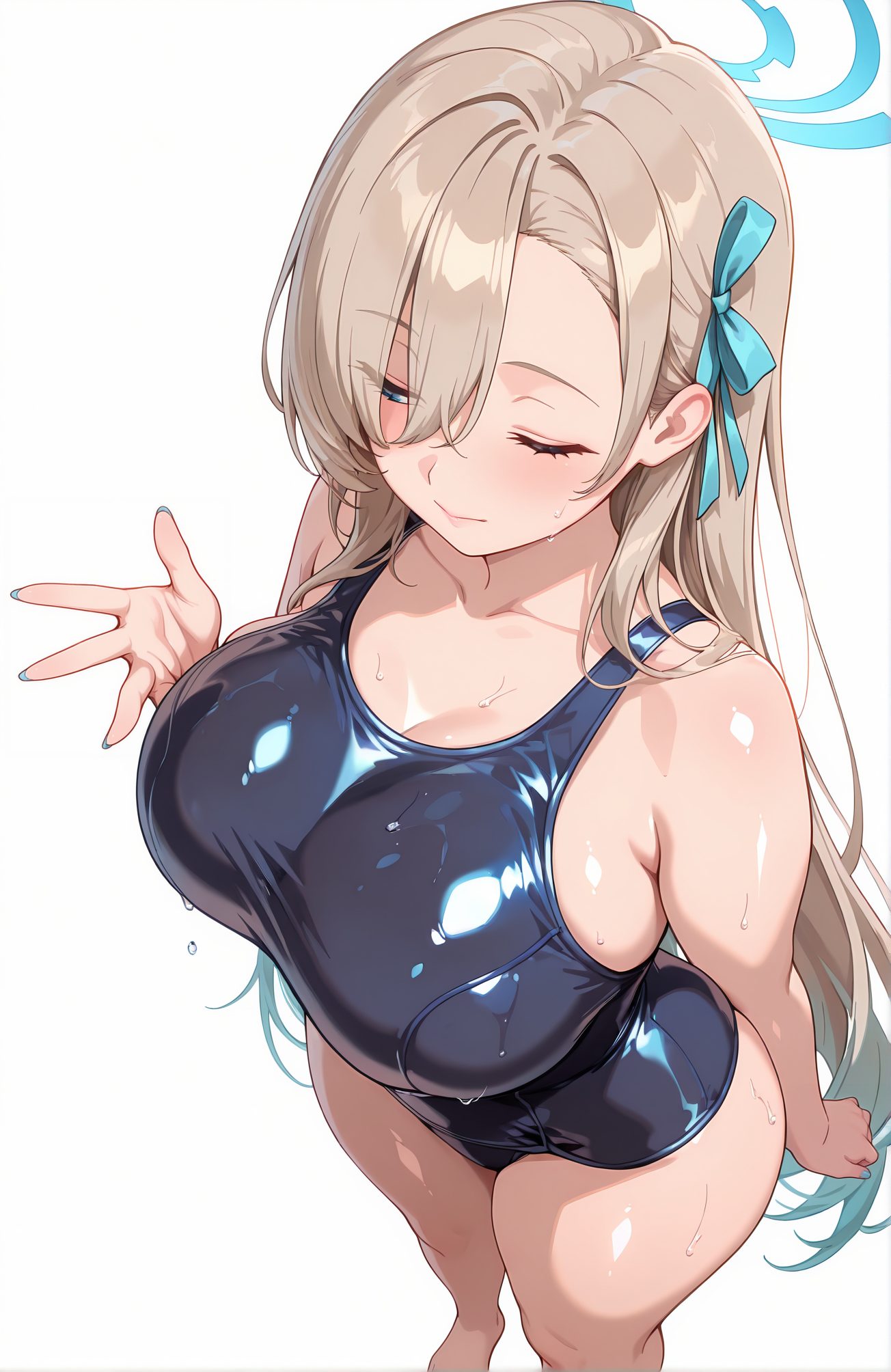 sensitive, 1girl, solo, long_hair, breasts, blush, bangs, blue_eyes, large_breasts, simple_background, white_background, ribbon, cleavage, bare_shoulders, very_long_hair, closed_mouth, standing, collarbone, swimsuit, closed_eyes, hair_ribbon, thighs, barefoot, alternate_costume, shiny, hand_up, nail_polish, hair_over_one_eye, wet, one-piece_swimsuit, bare_legs, from_above, halo, school_swimsuit, light_brown_hair, blue_ribbon, blue_nails, shiny_clothes, blue_one-piece_swimsuit, black_one-piece_swimsuit, asuna_(blue_archive), 長い髪, 赤面, 前髪, 青い目, 大きな胸, リボン, 肩出し, とても長い髪, 口閉じ, 鎖骨, 水着, 髪リボン, 光沢, ワンピース水着, 学校水着, アスナ（ブルーアーカイブ）, 一之瀬アスナ_posted