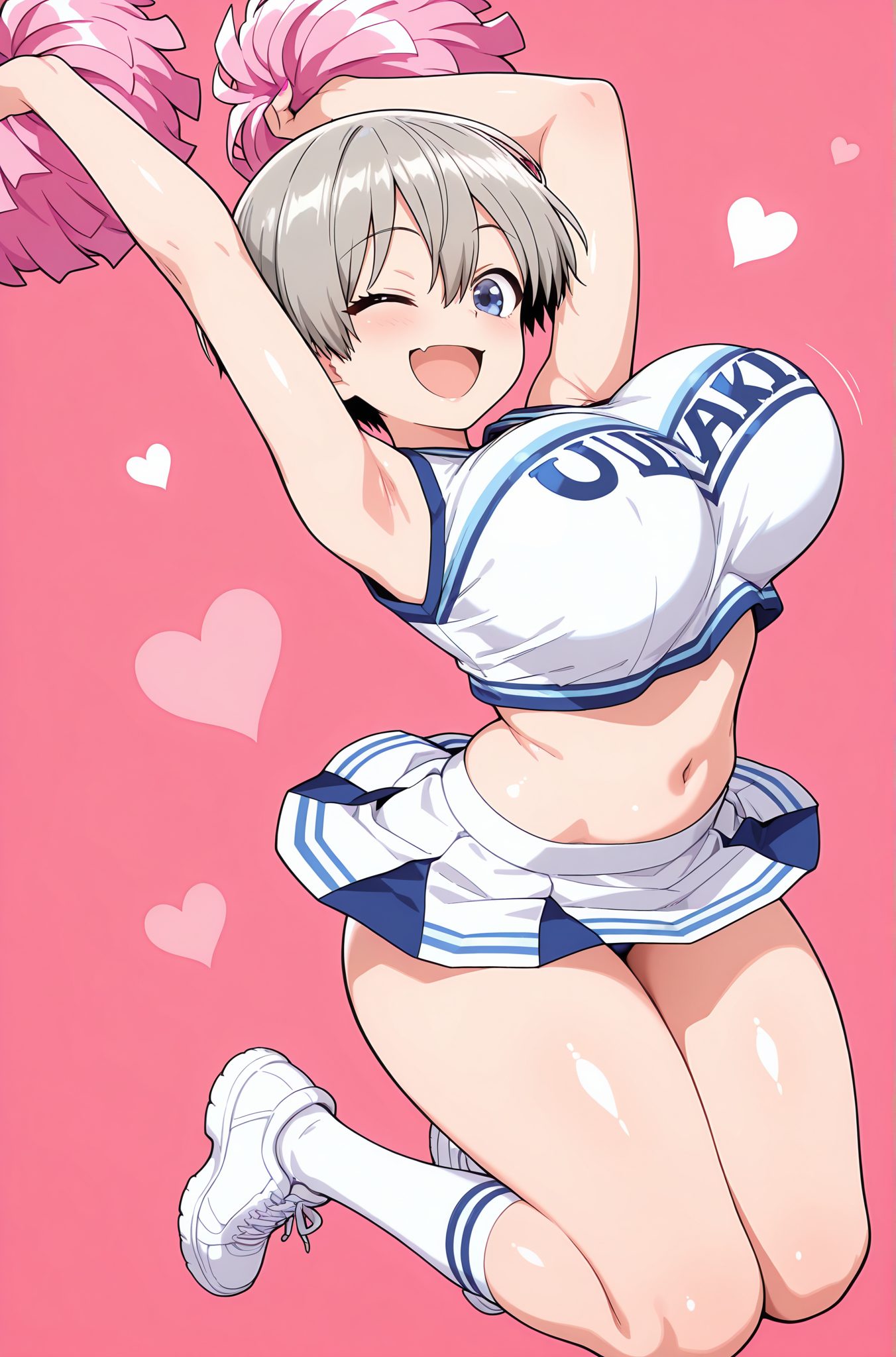 sensitive, 1girl, solo, breasts, looking_at_viewer, blush, smile, short_hair, open_mouth, bangs, blue_eyes, skirt, large_breasts, simple_background, shirt, navel, hair_between_eyes, full_body, grey_hair, heart, thighs, one_eye_closed, shoes, sleeveless, socks, fang, midriff, striped, miniskirt, armpits, huge_breasts, arms_up, crop_top, pink_background, white_footwear, white_skirt, ;d, white_socks, sneakers, clothes_writing, skin_fang, bouncing_breasts, jumping, cheerleader, pom_pom_(cheerleading), romaji_text, unaligned_breasts, uzaki_hana, 赤面, 笑顔, 短い髪, 口開き, 前髪, 青い目, スカート, 大きな胸, シャツ, 目にかかる髪, 灰髪, 靴, ソックス, ミニスカート, 巨大な胸, クロップトップ, 白ソックス, 宇崎花, ok