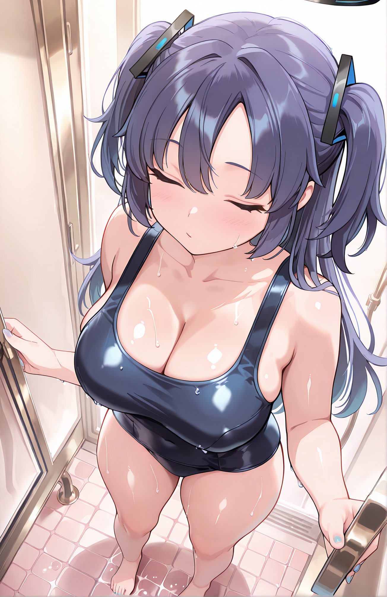 sensitive, 1girl, solo, long_hair, breasts, blush, bangs, large_breasts, holding, cleavage, bare_shoulders, closed_mouth, standing, collarbone, swimsuit, closed_eyes, purple_hair, thighs, barefoot, nail_polish, two_side_up, wet, one-piece_swimsuit, parted_bangs, bare_arms, bare_legs, covered_navel, halo, school_swimsuit, black_one-piece_swimsuit, doorway, wet_swimsuit, yuuka_(blue_archive), 長い髪, 赤面, 前髪, 大きな胸, 肩出し, 口閉じ, 鎖骨, 水着, 紫髪, 両側アップ, ワンピース水着, 学校水着, ユウカ（ブルーアーカイブ）