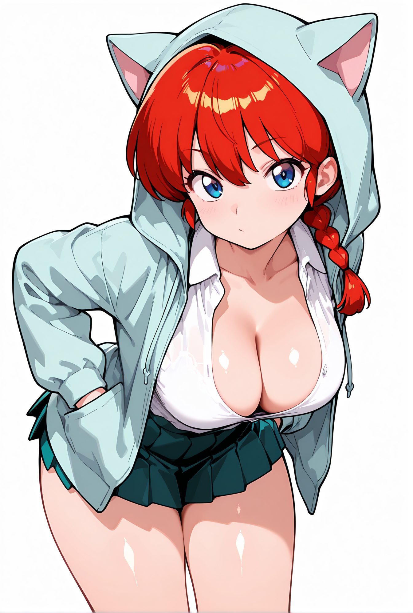 sensitive, 1girl, solo, long_hair, breasts, looking_at_viewer, blush, bangs, blue_eyes, skirt, large_breasts, simple_background, shirt, long_sleeves, white_background, animal_ears, cleavage, closed_mouth, underwear, collarbone, jacket, white_shirt, braid, thighs, red_hair, cowboy_shot, pleated_skirt, open_clothes, shiny, collared_shirt, cat_ears, hood, miniskirt, bra, open_jacket, shiny_skin, single_braid, hoodie, leaning_forward, fake_animal_ears, green_skirt, hooded_jacket, hood_up, white_bra, braided_ponytail, animal_hood, hands_in_pockets, drawstring, cat_hood, ranma-chan, 長い髪, 赤面, 前髪, 青い目, スカート, 大きな胸, シャツ, 動物耳, 口閉じ, 下着, 鎖骨, 白シャツ, 赤髪, 衣服開く, 光沢, ミニスカート, ブラ, 光沢肌, パーカー, 偽動物耳, らんまちゃん（女らんま）, らんま_posted