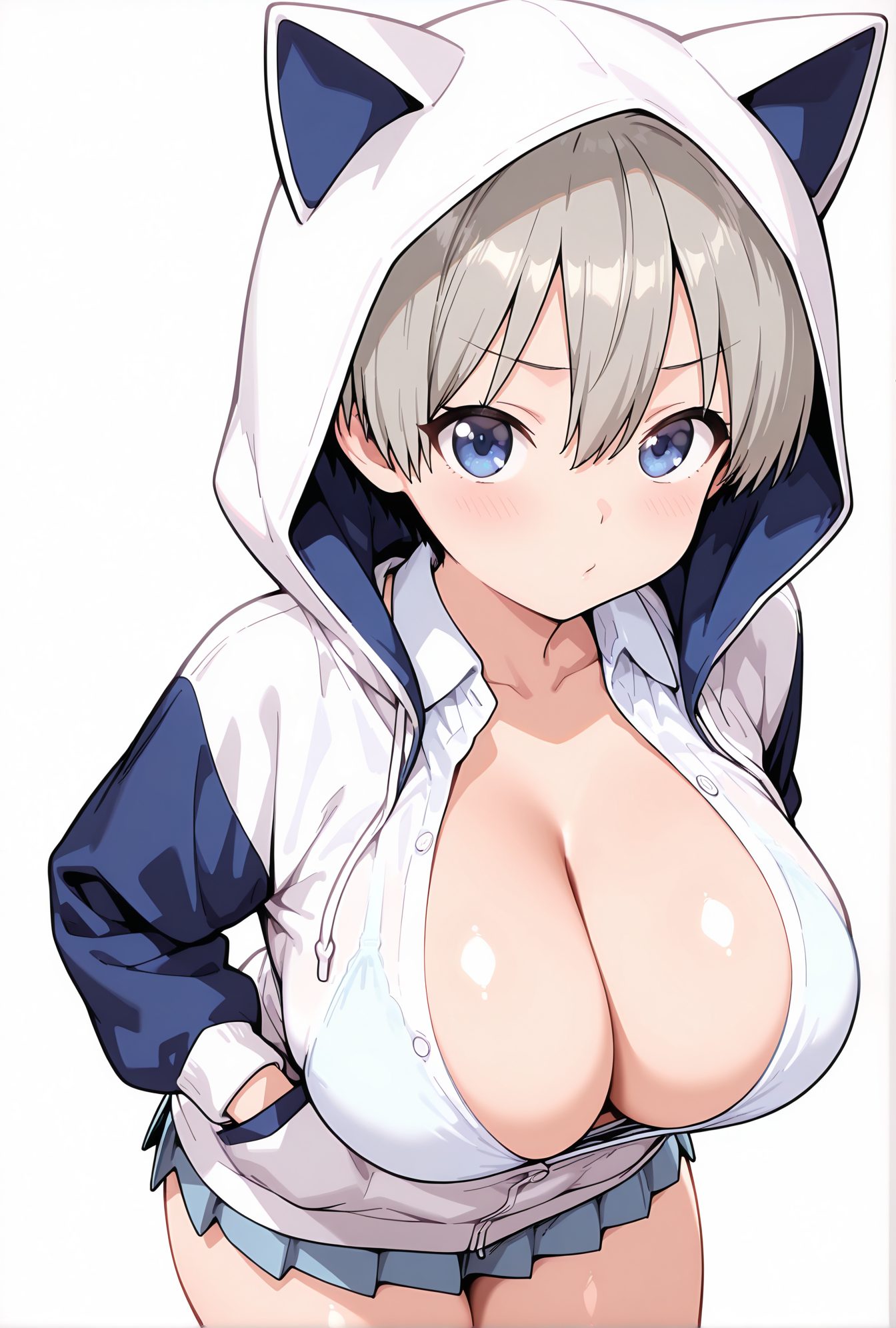sensitive, 1girl, solo, breasts, looking_at_viewer, blush, short_hair, bangs, blue_eyes, skirt, large_breasts, simple_background, shirt, long_sleeves, white_background, animal_ears, cleavage, hair_between_eyes, closed_mouth, underwear, collarbone, jacket, white_shirt, grey_hair, thighs, cowboy_shot, pleated_skirt, open_clothes, shiny, collared_shirt, hood, miniskirt, bra, blue_skirt, shiny_skin, hoodie, hood_up, animal_hood, hands_in_pockets, blue_bra, partially_unbuttoned, uzaki_hana, 赤面, 短い髪, 前髪, 青い目, スカート, 大きな胸, シャツ, 動物耳, 目にかかる髪, 口閉じ, 下着, 鎖骨, 白シャツ, 灰髪, 衣服開く, 光沢, ミニスカート, ブラ, 光沢肌, パーカー, 宇崎花, ok