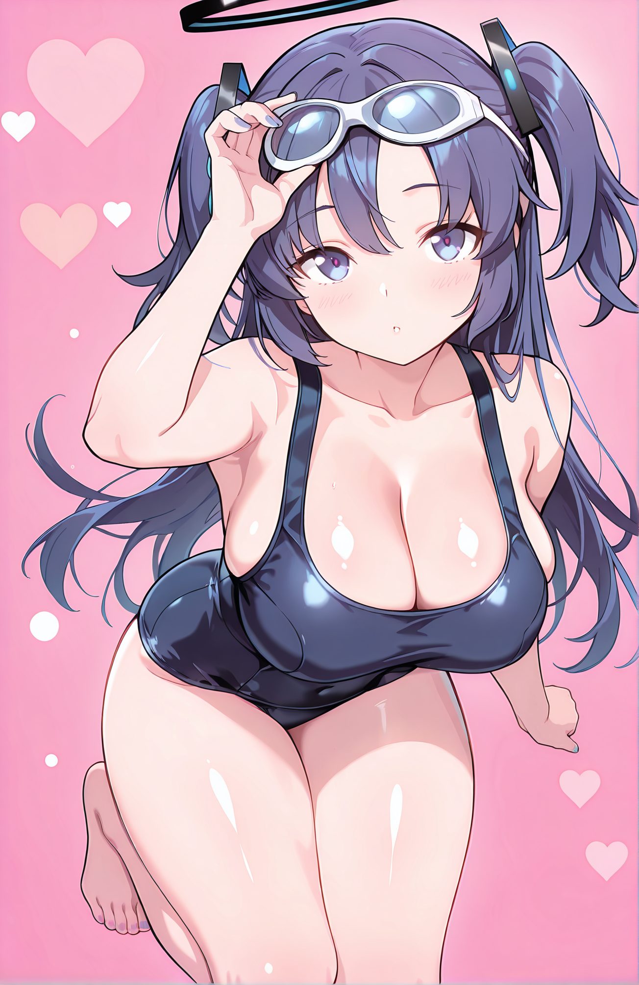 sensitive, 1girl, solo, long_hair, breasts, looking_at_viewer, blush, bangs, blue_eyes, large_breasts, cleavage, bare_shoulders, purple_eyes, collarbone, swimsuit, purple_hair, heart, thighs, parted_lips, barefoot, arm_up, two_side_up, one-piece_swimsuit, bare_legs, covered_navel, halo, pink_background, school_swimsuit, goggles, eyewear_on_head, goggles_on_head, yuuka_(blue_archive), 長い髪, 赤面, 前髪, 青い目, 大きな胸, 肩出し, 鎖骨, 水着, 紫髪, 両側アップ, ワンピース水着, 学校水着, ユウカ（ブルーアーカイブ）