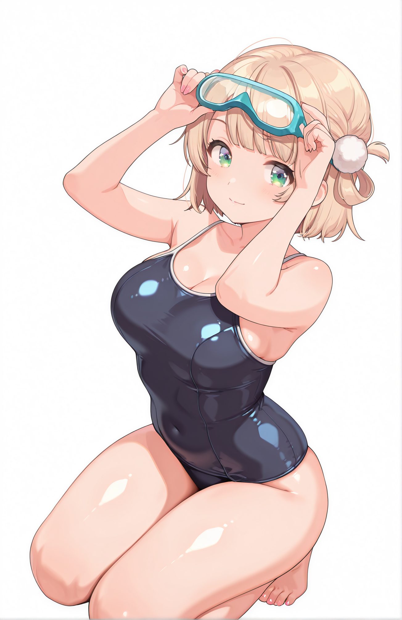 sensitive, 1girl, solo, breasts, looking_at_viewer, blush, smile, short_hair, bangs, large_breasts, simple_background, hair_ornament, white_background, cleavage, closed_mouth, green_eyes, swimsuit, full_body, thighs, barefoot, virtual_youtuber, nail_polish, one-piece_swimsuit, bare_legs, kneeling, covered_navel, school_swimsuit, light_brown_hair, goggles, pom_pom_(clothes), pink_nails, hair_rings, goggles_on_head, blue_one-piece_swimsuit, competition_school_swimsuit, pom_pom_hair_ornament, 赤面, 笑顔, 短い髪, 前髪, 大きな胸, 髪飾り, 口閉じ, 緑の目, 水着, バーチャルYouTuber, ワンピース水着, 学校水着, 競泳用スクール水着, しぐれうい