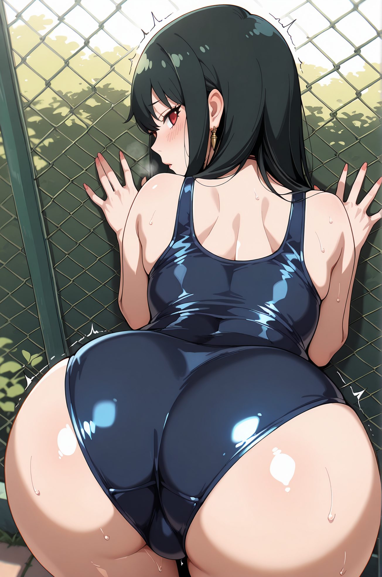 questionable, 1girl, solo, long_hair, looking_at_viewer, blush, bangs, black_hair, red_eyes, bare_shoulders, jewelry, swimsuit, ass, sidelocks, sweat, hairband, earrings, outdoors, parted_lips, shiny, looking_back, from_behind, wet, one-piece_swimsuit, back, trembling, school_swimsuit, bent_over, ^^^, shiny_clothes, blue_one-piece_swimsuit, fence, ass_focus, chain-link_fence, yor_briar, 長い髪, 赤面, 前髪, 黒髪, 赤い目, 肩出し, ジュエリー, 水着, サイドロック, 汗, ヘアバンド, イヤリング, 光沢, ワンピース水着, 震え, 学校水着, ヨル・ブライア