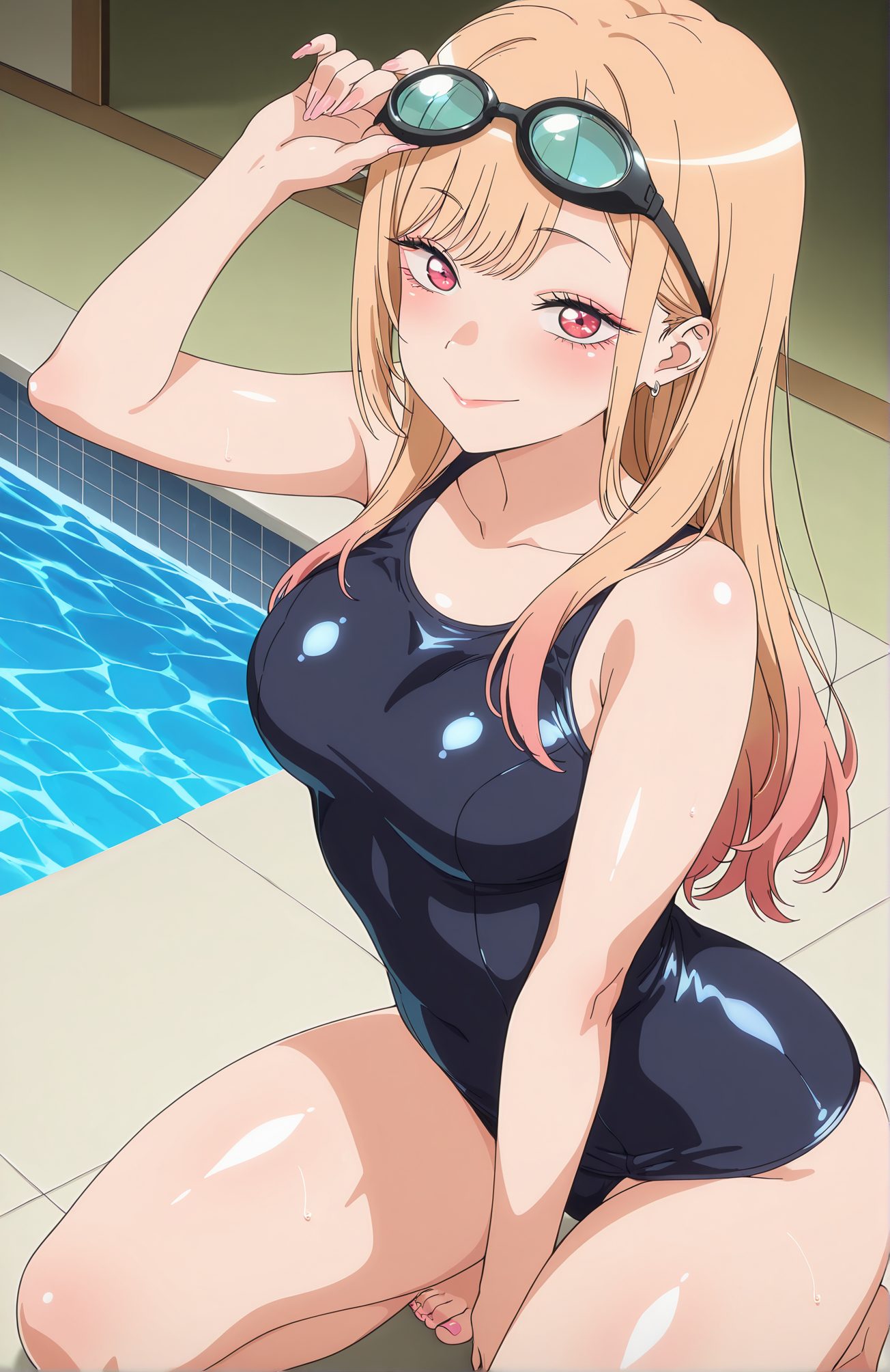 sensitive, 1girl, solo, long_hair, breasts, looking_at_viewer, blush, smile, bangs, blonde_hair, red_eyes, bare_shoulders, jewelry, medium_breasts, closed_mouth, collarbone, swimsuit, pink_hair, thighs, multicolored_hair, earrings, barefoot, shiny, indoors, water, nail_polish, wet, one-piece_swimsuit, shiny_skin, gradient_hair, makeup, piercing, school_swimsuit, goggles, ear_piercing, pink_nails, between_legs, goggles_on_head, shiny_clothes, blue_one-piece_swimsuit, hand_between_legs, pool, poolside, kitagawa_marin, 長い髪, 赤面, 笑顔, 前髪, 金髪, 赤い目, 肩出し, ジュエリー, 中くらいの胸, 口閉じ, 鎖骨, 水着, ピンク髪, 多色髪, イヤリング, 光沢, ワンピース水着, 光沢肌, 学校水着, 喜多川海夢