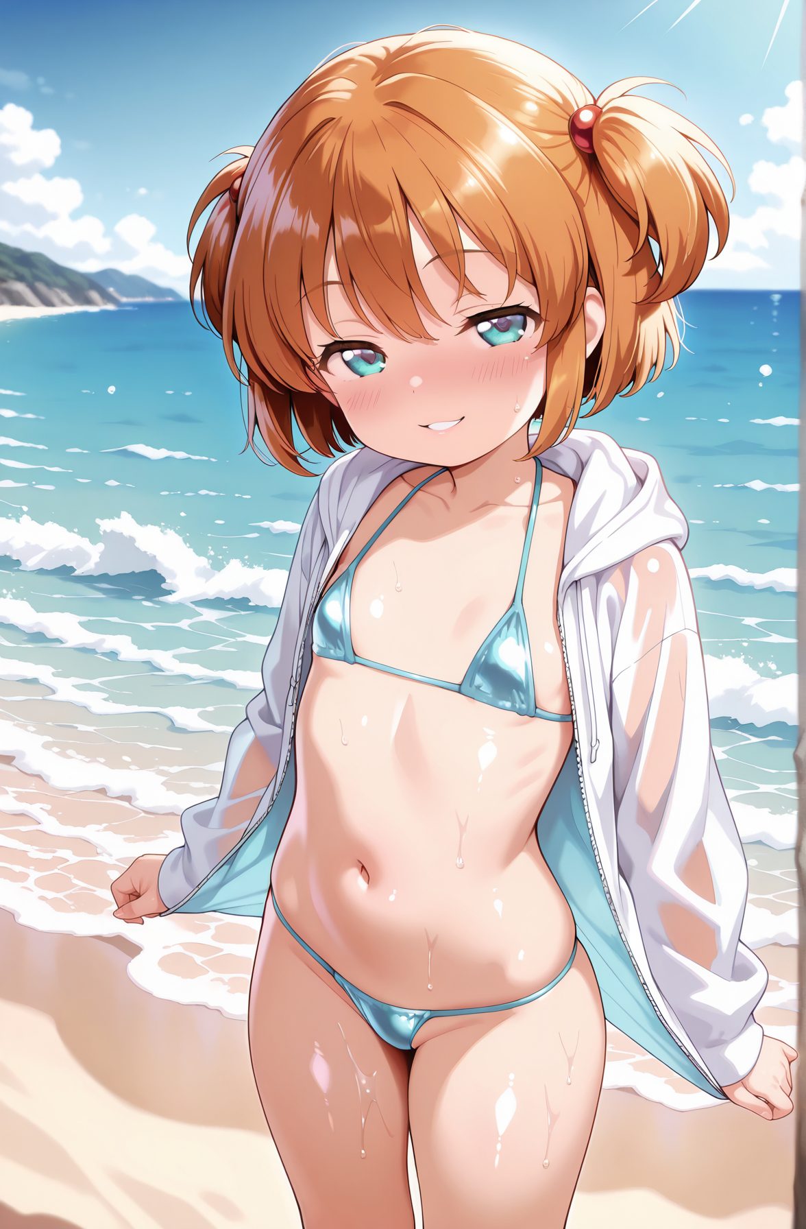 questionable, 1girl, solo, looking_at_viewer, blush, smile, short_hair, bangs, blue_eyes, brown_hair, long_sleeves, navel, collarbone, jacket, swimsuit, bikini, outdoors, parted_lips, open_clothes, sky, day, cloud, hood, water, orange_hair, grin, flat_chest, open_jacket, two_side_up, blue_sky, wet, see-through, loli, skindentation, ocean, beach, white_jacket, micro_bikini, blue_bikini, 赤面, 笑顔, 短い髪, 前髪, 青い目, 茶髪, 鎖骨, 水着, ビキニ, 衣服開く, オレンジ髪, 平らな胸, 両側アップ, ロリ, マイクロビキニ, ok, 片岡優希