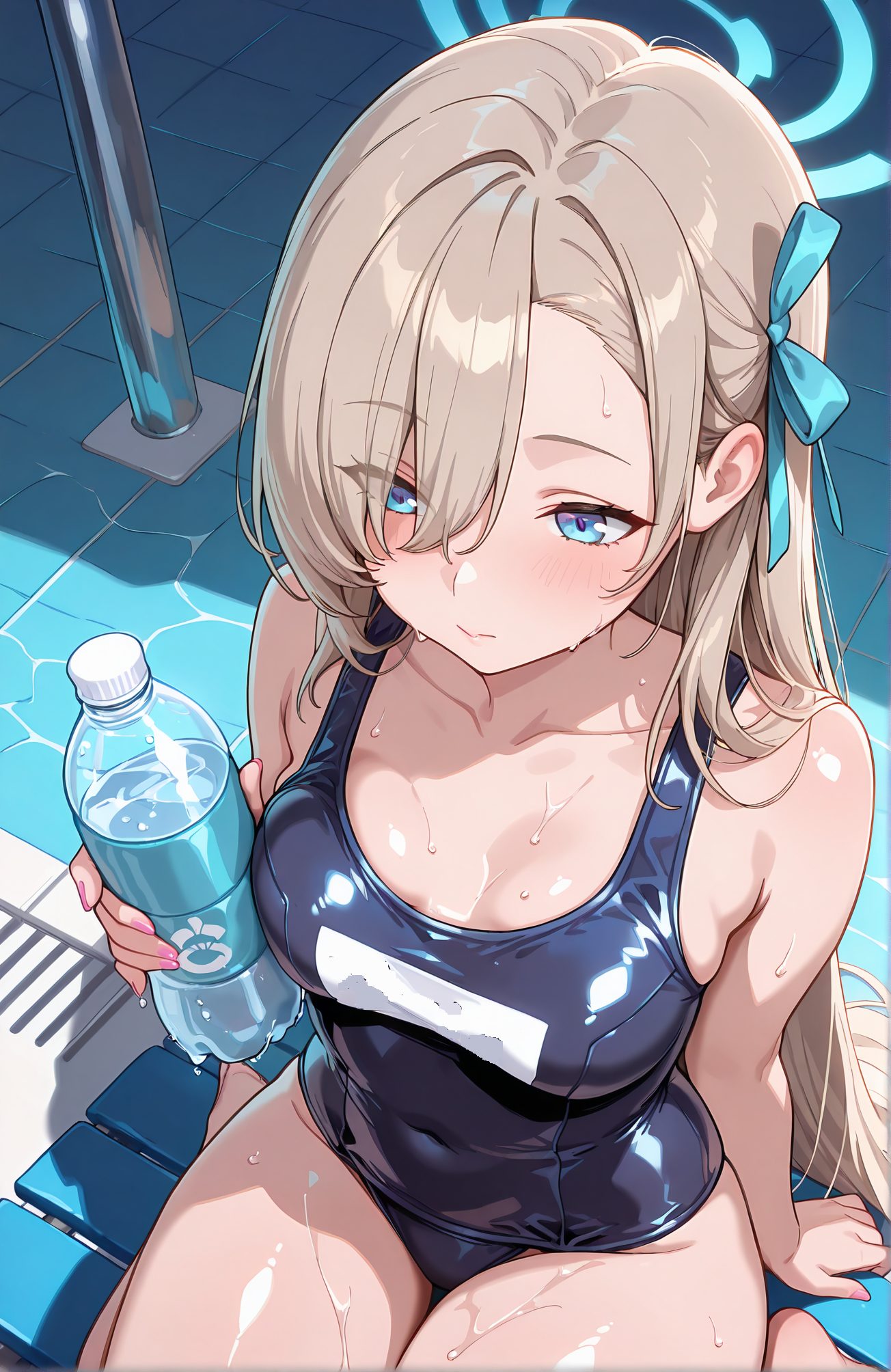 sensitive, 1girl, solo, long_hair, breasts, blush, bangs, blue_eyes, large_breasts, ribbon, holding, cleavage, bare_shoulders, medium_breasts, sitting, very_long_hair, closed_mouth, collarbone, swimsuit, hair_ribbon, thighs, barefoot, alternate_costume, shiny, hair_over_one_eye, wet, one-piece_swimsuit, covered_navel, halo, school_swimsuit, light_brown_hair, bottle, blue_ribbon, pink_nails, shiny_clothes, blue_one-piece_swimsuit, tiles, pool, holding_bottle, tile_floor, water_bottle, poolside, old_school_swimsuit, pool_ladder, asuna_(blue_archive), 長い髪, 赤面, 前髪, 青い目, 大きな胸, リボン, 肩出し, 中くらいの胸, 座り, とても長い髪, 口閉じ, 鎖骨, 水着, 髪リボン, 光沢, ワンピース水着, 学校水着, 旧スクール水着, アスナ（ブルーアーカイブ）, 一之瀬アスナ_posted