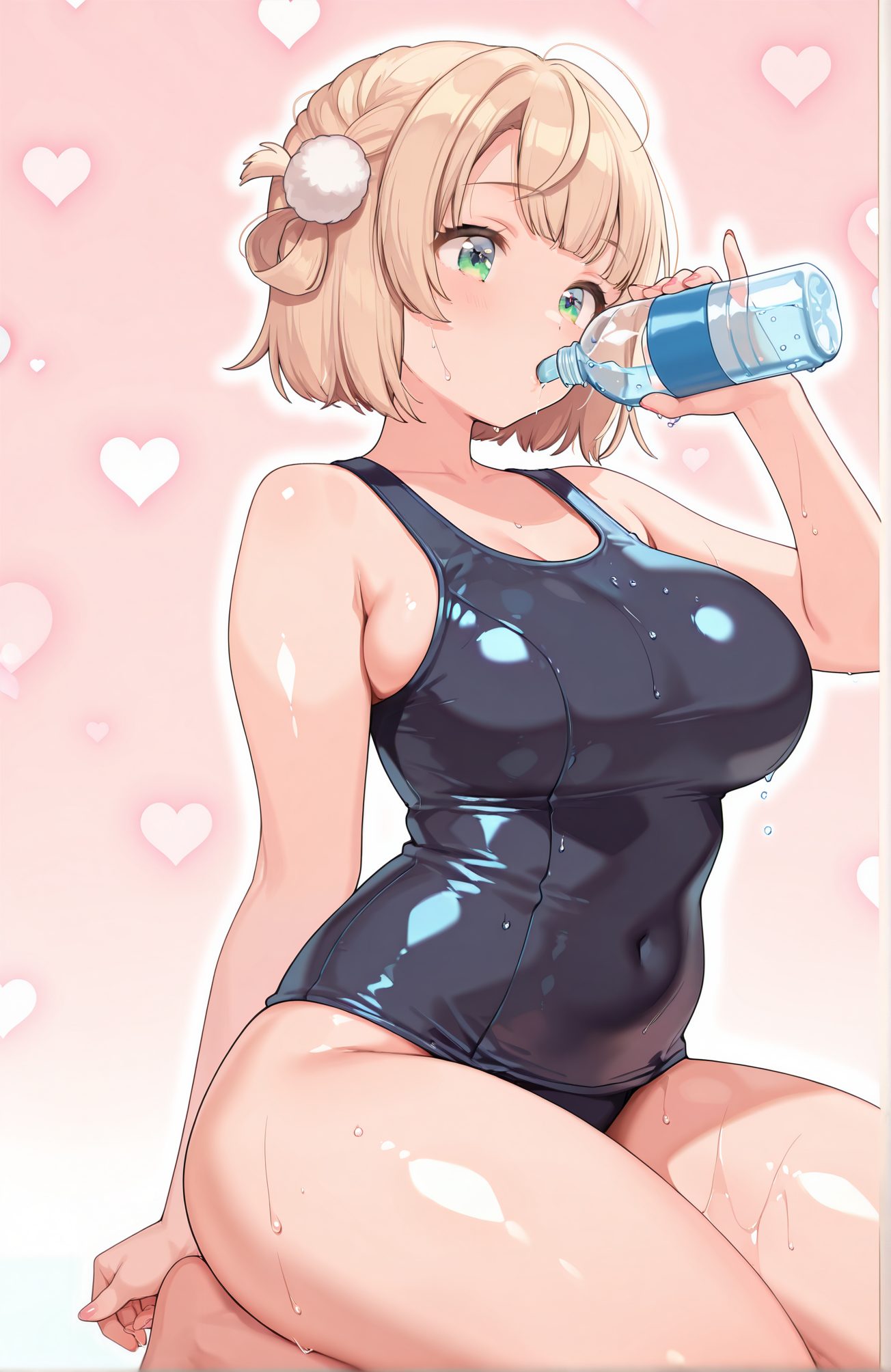 sensitive, 1girl, solo, breasts, blush, short_hair, bangs, blonde_hair, large_breasts, hair_ornament, holding, bare_shoulders, sitting, green_eyes, swimsuit, braid, heart, thighs, barefoot, virtual_youtuber, wet, one-piece_swimsuit, covered_navel, school_swimsuit, light_brown_hair, bottle, wet_clothes, pom_pom_(clothes), french_braid, seiza, hair_rings, shiny_clothes, blue_one-piece_swimsuit, black_one-piece_swimsuit, drinking, holding_bottle, official_alternate_hairstyle, old_school_swimsuit, heart_background, pom_pom_hair_ornament, impossible_swimsuit, 赤面, 短い髪, 前髪, 金髪, 大きな胸, 髪飾り, 肩出し, 座り, 緑の目, 水着, バーチャルYouTuber, ワンピース水着, 学校水着, 旧スクール水着, 不可能水着（物理法則を無視した水着）, しぐれうい