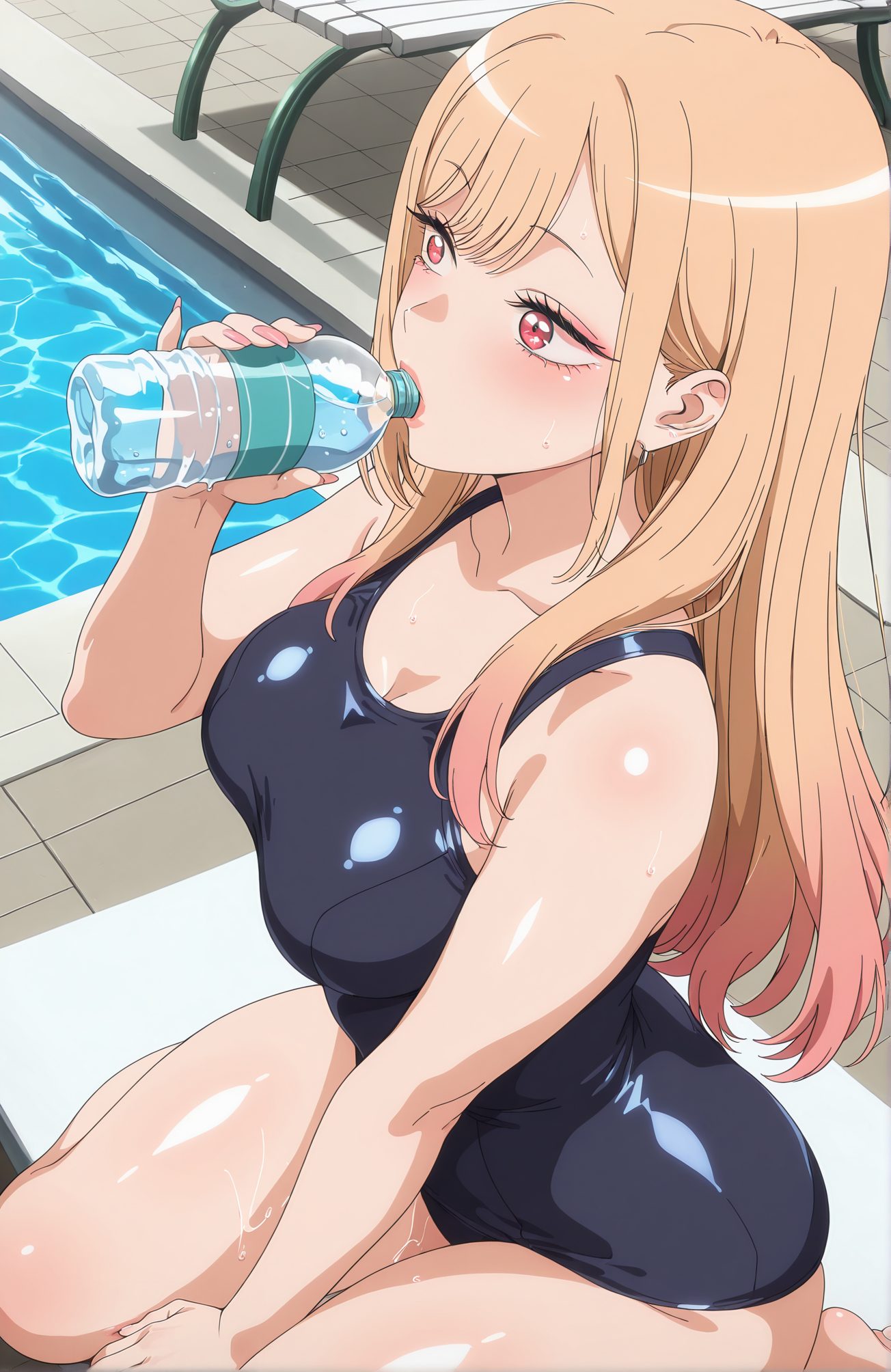 sensitive, 1girl, solo, long_hair, breasts, blush, bangs, blonde_hair, large_breasts, red_eyes, holding, cleavage, bare_shoulders, sitting, collarbone, swimsuit, pink_hair, multicolored_hair, water, wet, one-piece_swimsuit, gradient_hair, makeup, piercing, school_swimsuit, bottle, ear_piercing, pink_nails, black_one-piece_swimsuit, drinking, pool, holding_bottle, water_bottle, poolside, industrial_piercing, kitagawa_marin, 長い髪, 赤面, 前髪, 金髪, 大きな胸, 赤い目, 肩出し, 座り, 鎖骨, 水着, ピンク髪, 多色髪, ワンピース水着, 学校水着, 喜多川海夢