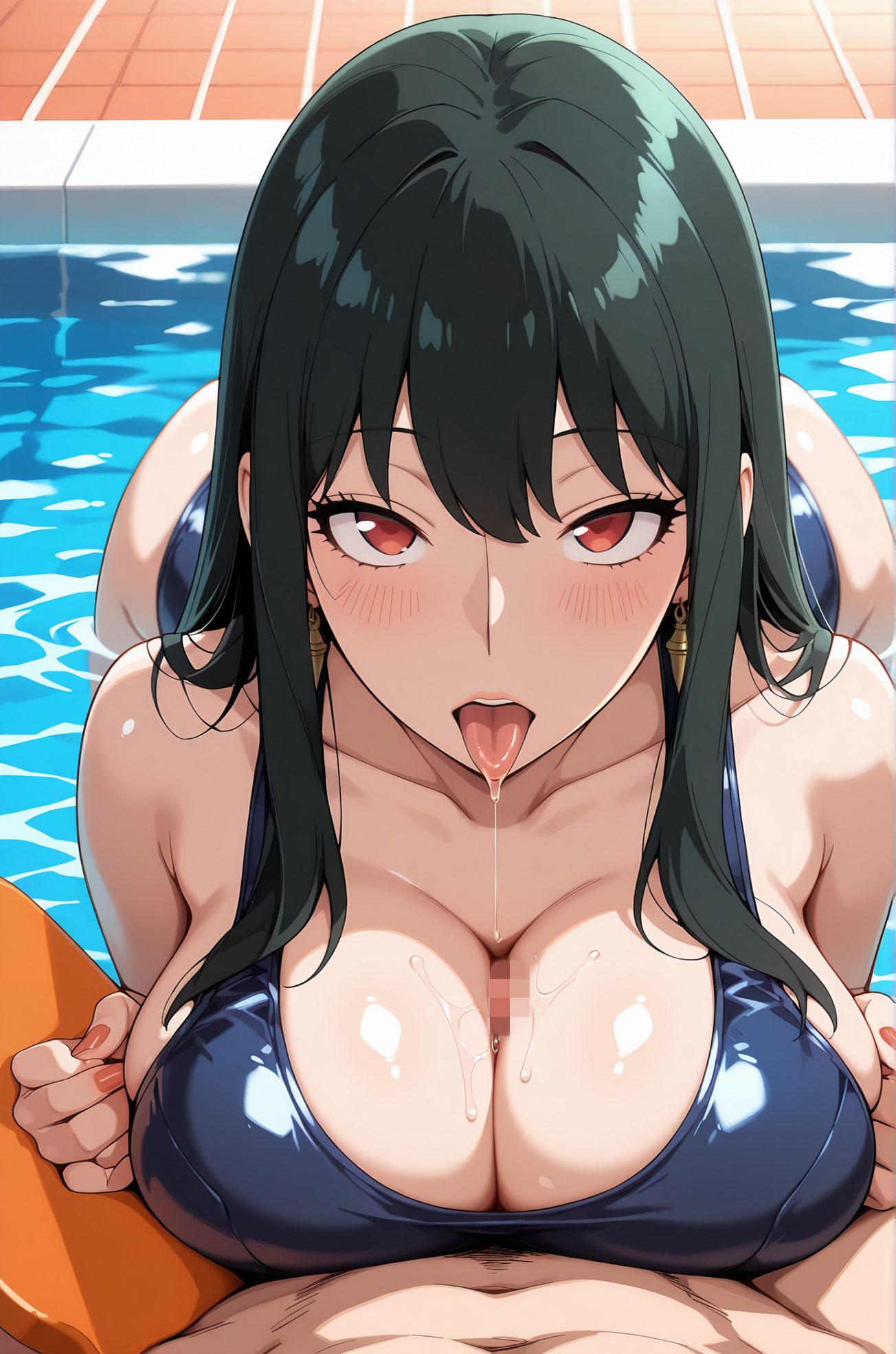 explicit, 1girl, long_hair, breasts, looking_at_viewer, blush, open_mouth, bangs, large_breasts, black_hair, red_eyes, 1boy, cleavage, bare_shoulders, jewelry, collarbone, swimsuit, ass, hetero, sidelocks, hairband, earrings, censored, penis, solo_focus, tongue, tongue_out, water, mosaic_censoring, wet, one-piece_swimsuit, pubic_hair, saliva, pov, school_swimsuit, male_pubic_hair, paizuri, clothed_female_nude_male, blue_one-piece_swimsuit, saliva_trail, pool, poolside, paizuri_under_clothes, gold_earrings, yor_briar, twilight_(spy_x_family), 長い髪, 赤面, 口開き, 前髪, 大きな胸, 黒髪, 赤い目, 肩出し, ジュエリー, 鎖骨, 水着, サイドロック, ヘアバンド, イヤリング, 舌出し, ワンピース水着, よだれ, 学校水着, パイズリ, 着衣パイズリ, ヨル・ブライア, ロイド・フォージャー