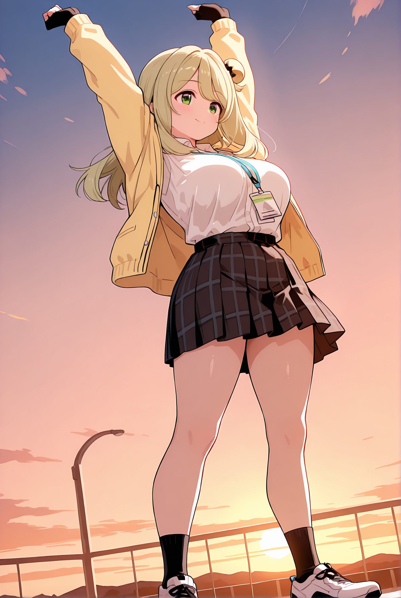 izayoi nonomi, sensitive, 1girl, solo, long_hair, breasts, smile, bangs, skirt, blonde_hair, large_breasts, shirt, gloves, long_sleeves, closed_mouth, school_uniform, green_eyes, standing, jacket, full_body, white_shirt, pleated_skirt, outdoors, open_clothes, sky, shoes, black_gloves, socks, collared_shirt, fingerless_gloves, black_skirt, arms_up, open_jacket, plaid, plaid_skirt, white_footwear, sneakers, sunset, shirt_tucked_in, stretching, id_card, gradient_sky, nonomi_(blue_archive), 長い髪, 笑顔, 前髪, スカート, 金髪, 大きな胸, シャツ, 手袋, 口閉じ, 学校制服, 緑の目, 白シャツ, 衣服開く, 靴, 黒手袋, ソックス, 十六夜ののみ_posted