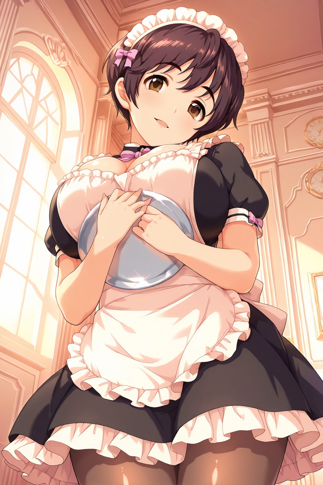 sensitive, 1girl, solo, breasts, looking_at_viewer, blush, smile, short_hair, open_mouth, bangs, large_breasts, brown_hair, dress, bow, holding, cleavage, brown_eyes, short_sleeves, pantyhose, frills, indoors, apron, black_dress, black_pantyhose, maid, maid_headdress, window, maid_apron, tray, oikawa_shizuku, 赤面, 笑顔, 短い髪, 口開き, 前髪, 大きな胸, 茶髪, ボウ, パンスト, 及川雫, ok