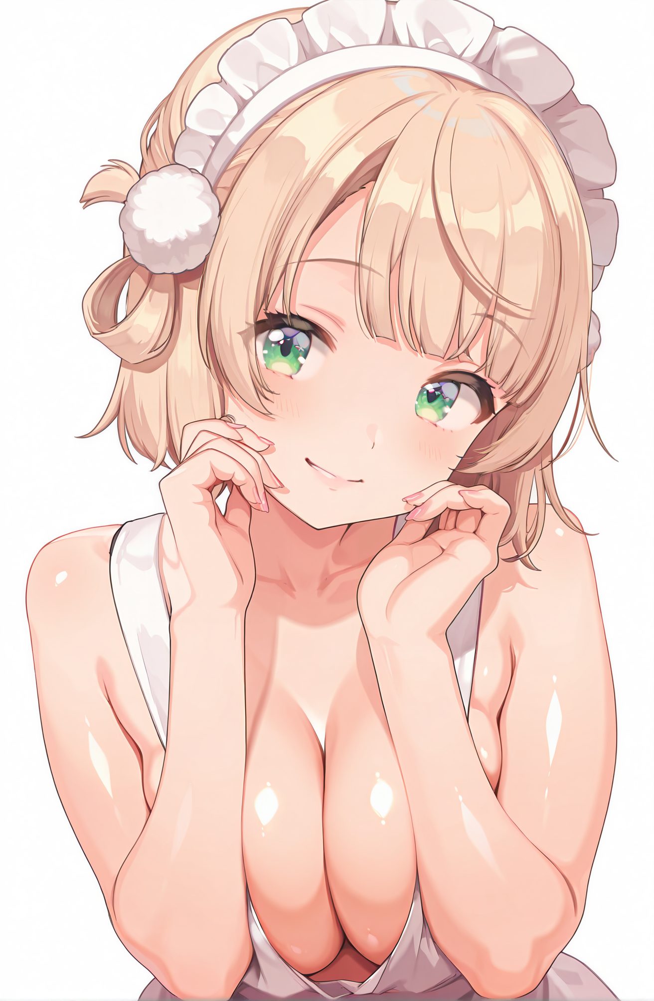sensitive, 1girl, solo, breasts, looking_at_viewer, blush, smile, short_hair, bangs, blonde_hair, large_breasts, simple_background, hair_ornament, white_background, cleavage, bare_shoulders, closed_mouth, green_eyes, collarbone, upper_body, virtual_youtuber, maid_headdress, light_brown_hair, pom_pom_(clothes), pink_nails, hair_rings, pom_pom_hair_ornament, 赤面, 笑顔, 短い髪, 前髪, 金髪, 大きな胸, 髪飾り, 肩出し, 口閉じ, 緑の目, 鎖骨, バーチャルYouTuber, しぐれうい