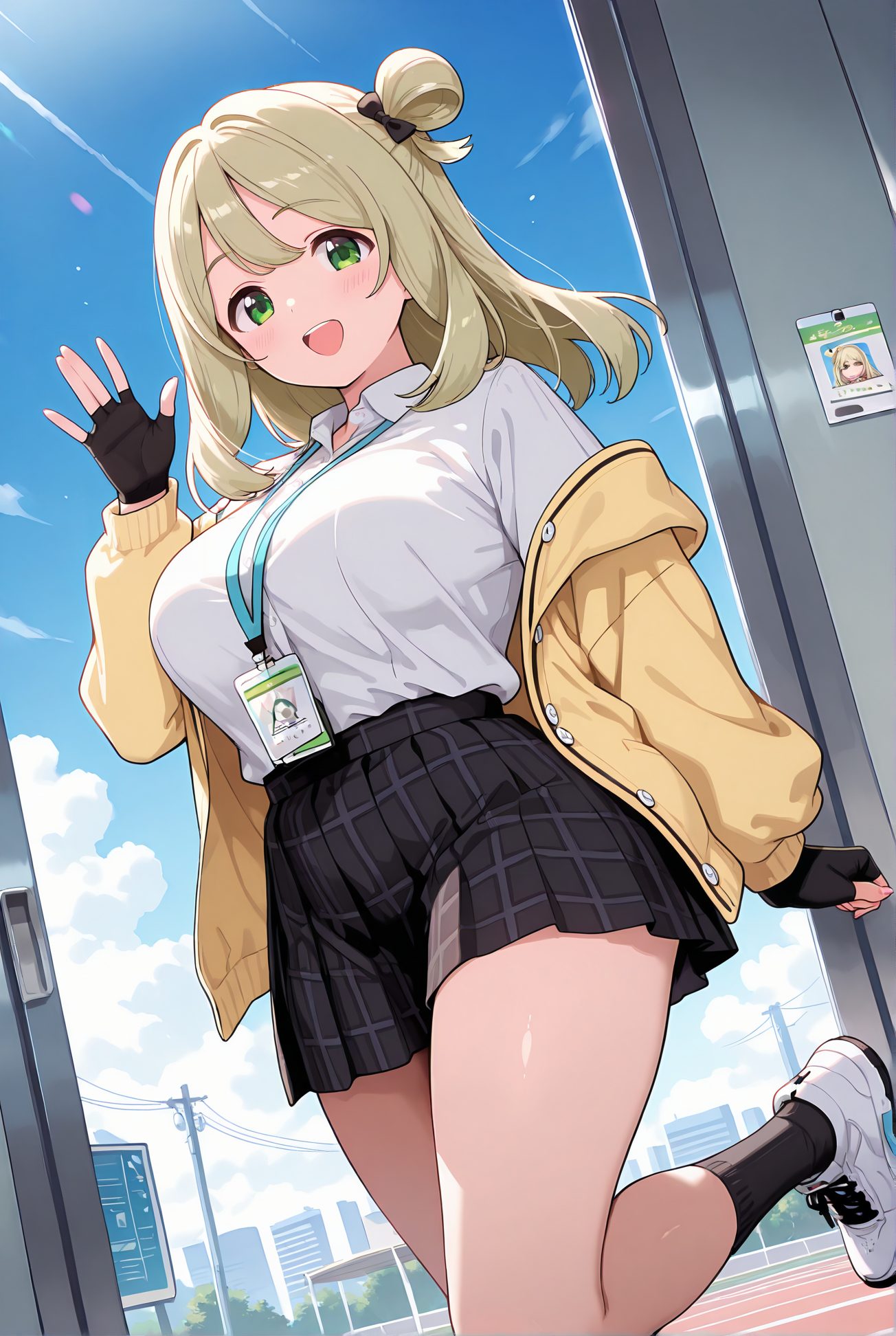 izayoi nonomi, sensitive, 1girl, solo, long_hair, breasts, looking_at_viewer, blush, smile, open_mouth, bangs, skirt, large_breasts, shirt, gloves, long_sleeves, bow, school_uniform, green_eyes, jacket, white_shirt, :d, hair_bow, thighs, pleated_skirt, outdoors, open_clothes, sky, shoes, day, black_gloves, socks, collared_shirt, cloud, hand_up, fingerless_gloves, black_skirt, off_shoulder, hair_bun, open_jacket, blue_sky, plaid, black_bow, halo, plaid_skirt, single_hair_bun, white_footwear, standing_on_one_leg, black_socks, sneakers, waving, name_tag, shirt_tucked_in, single_side_bun, yellow_jacket, id_card, lanyard, nonomi_(blue_archive), 長い髪, 赤面, 笑顔, 口開き, 前髪, スカート, 大きな胸, シャツ, 手袋, ボウ, 学校制服, 緑の目, 白シャツ, 髪ボウ, 衣服開く, 靴, 黒手袋, ソックス, 髪団子, 黒ソックス, 十六夜ののみ_posted