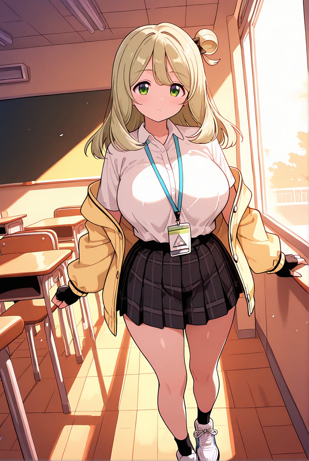 izayoi nonomi, sensitive, 1girl, solo, long_hair, breasts, looking_at_viewer, blush, bangs, skirt, blonde_hair, large_breasts, shirt, gloves, long_sleeves, closed_mouth, school_uniform, green_eyes, standing, jacket, full_body, white_shirt, pleated_skirt, open_clothes, shoes, black_gloves, socks, collared_shirt, indoors, fingerless_gloves, black_skirt, off_shoulder, hair_bun, open_jacket, plaid, window, halo, plaid_skirt, single_hair_bun, white_footwear, black_socks, sneakers, desk, shirt_tucked_in, classroom, school_desk, single_side_bun, yellow_jacket, id_card, nonomi_(blue_archive), 長い髪, 赤面, 前髪, スカート, 金髪, 大きな胸, シャツ, 手袋, 口閉じ, 学校制服, 緑の目, 白シャツ, 衣服開く, 靴, 黒手袋, ソックス, 髪団子, 黒ソックス, 十六夜ののみ_posted