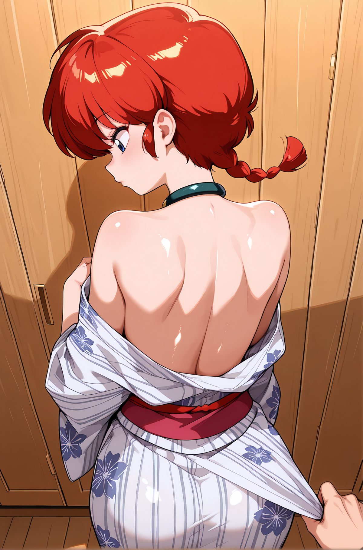 sensitive, questionable, 1girl, blue_eyes, bare_shoulders, standing, ass, braid, red_hair, sweat, japanese_clothes, solo_focus, choker, shiny, indoors, kimono, off_shoulder, from_behind, shiny_hair, shiny_skin, sash, single_braid, pov, back, floral_print, undressing, genderswap, vertical_stripes, out_of_frame, braided_ponytail, yukata, bare_back, print_kimono, shoulder_blades, nape, ranma-chan, 青い目, 肩出し, 赤髪, 汗, 和服, チョーカー, 光沢, 光沢肌, 脱衣・着替え, らんまちゃん（女らんま）, らんま_posted