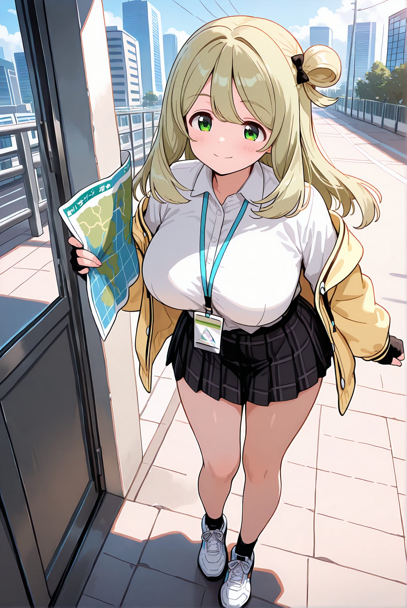 izayoi nonomi, sensitive, 1girl, solo, long_hair, breasts, looking_at_viewer, blush, smile, bangs, skirt, blonde_hair, large_breasts, shirt, gloves, long_sleeves, bow, holding, closed_mouth, school_uniform, green_eyes, standing, jacket, full_body, white_shirt, hair_bow, pleated_skirt, outdoors, open_clothes, shoes, day, black_gloves, socks, collared_shirt, miniskirt, fingerless_gloves, black_skirt, off_shoulder, hair_bun, open_jacket, plaid, halo, plaid_skirt, white_footwear, black_socks, building, sneakers, yellow_jacket, id_card, lanyard, nonomi_(blue_archive), 長い髪, 赤面, 笑顔, 前髪, スカート, 金髪, 大きな胸, シャツ, 手袋, ボウ, 口閉じ, 学校制服, 緑の目, 白シャツ, 髪ボウ, 衣服開く, 靴, 黒手袋, ソックス, ミニスカート, 髪団子, 黒ソックス, 十六夜ののみ_posted