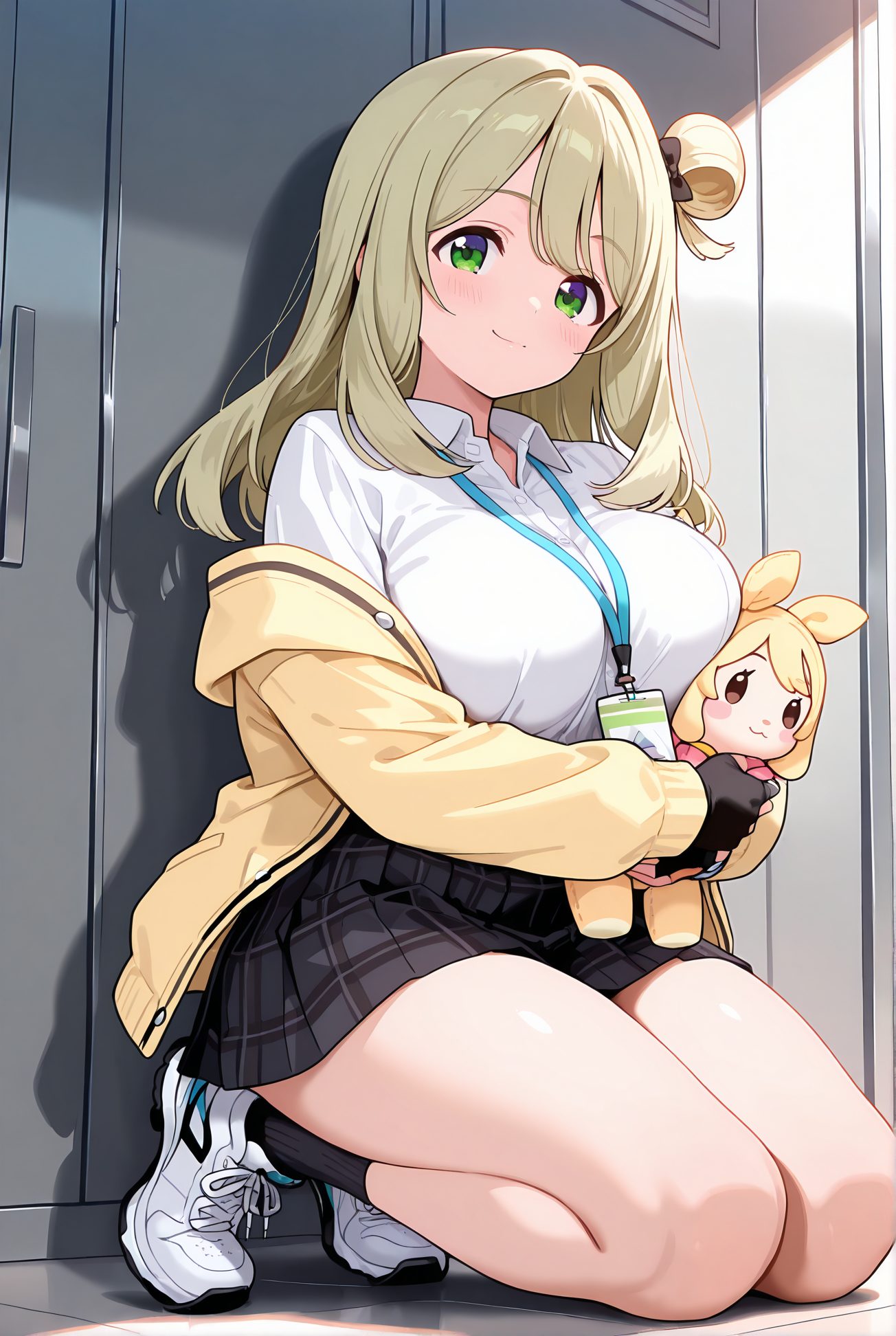 izayoi nonomi, sensitive, 1girl, solo, long_hair, breasts, looking_at_viewer, blush, smile, bangs, skirt, blonde_hair, large_breasts, shirt, gloves, long_sleeves, bow, holding, closed_mouth, school_uniform, green_eyes, jacket, full_body, white_shirt, hair_bow, thighs, pleated_skirt, open_clothes, shoes, black_gloves, socks, collared_shirt, miniskirt, fingerless_gloves, black_skirt, off_shoulder, hair_bun, open_jacket, plaid, shadow, plaid_skirt, stuffed_toy, squatting, single_hair_bun, white_footwear, black_socks, sneakers, character_doll, yellow_jacket, id_card, lanyard, nonomi_(blue_archive), 長い髪, 赤面, 笑顔, 前髪, スカート, 金髪, 大きな胸, シャツ, 手袋, ボウ, 口閉じ, 学校制服, 緑の目, 白シャツ, 髪ボウ, 衣服開く, 靴, 黒手袋, ソックス, ミニスカート, 髪団子, 黒ソックス, 十六夜ののみ_posted