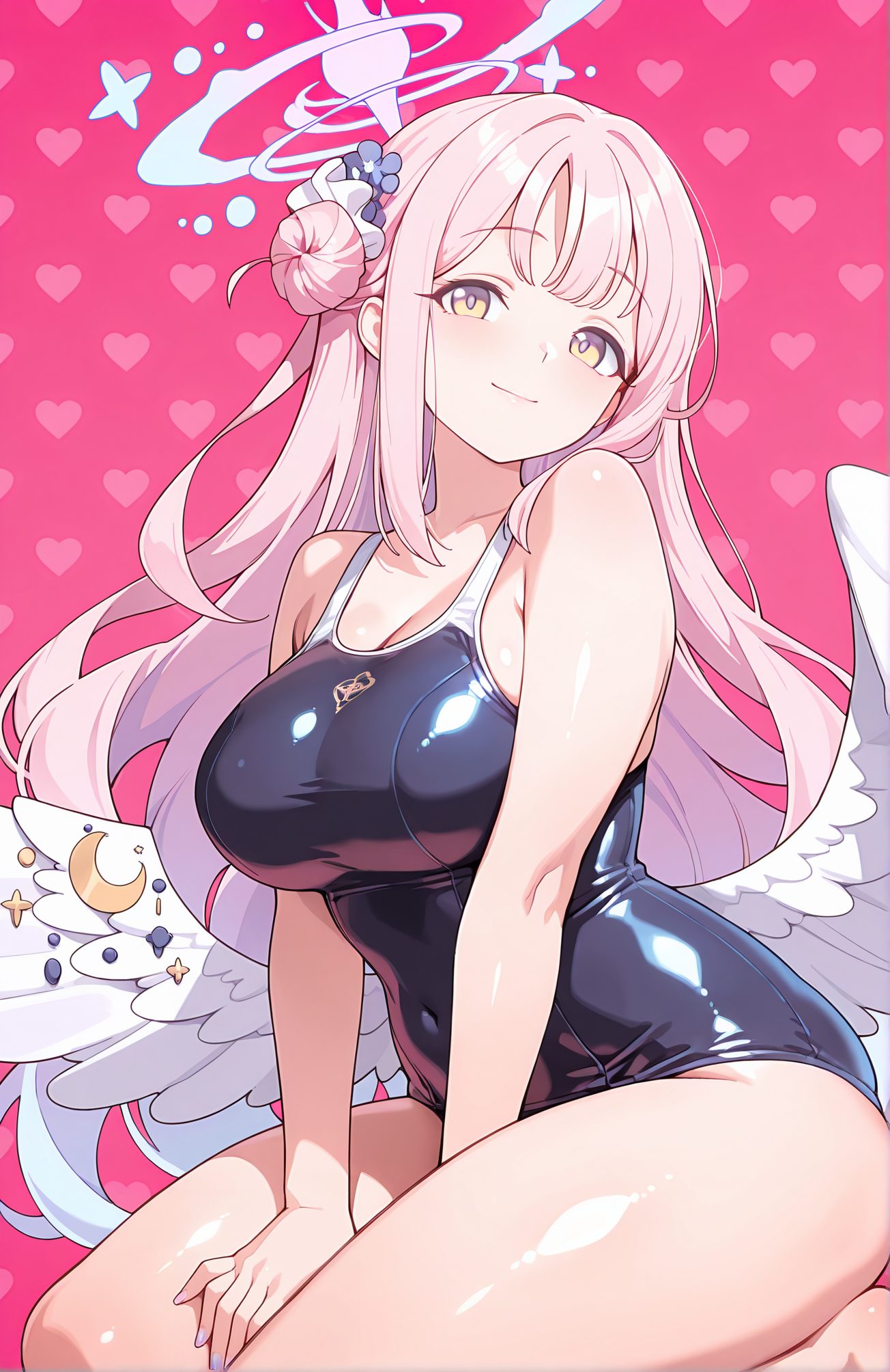 sensitive, 1girl, solo, long_hair, breasts, looking_at_viewer, blush, smile, bangs, large_breasts, hair_ornament, cleavage, bare_shoulders, sitting, very_long_hair, closed_mouth, collarbone, swimsuit, yellow_eyes, pink_hair, flower, heart, thighs, wings, shiny, hair_flower, hair_bun, one-piece_swimsuit, shiny_skin, bare_arms, covered_navel, halo, pink_background, scrunchie, school_swimsuit, crescent, feathered_wings, hair_scrunchie, shiny_clothes, angel_wings, blue_one-piece_swimsuit, hand_between_legs, white_wings, black_one-piece_swimsuit, single_side_bun, low_wings, mika_(blue_archive), 長い髪, 赤面, 笑顔, 前髪, 大きな胸, 髪飾り, 肩出し, 座り, とても長い髪, 口閉じ, 鎖骨, 水着, ピンク髪, 光沢, 髪の花, 髪団子, ワンピース水着, 光沢肌, 学校水着, ヘアシュシュ, ミカ（ブルーアーカイブ）