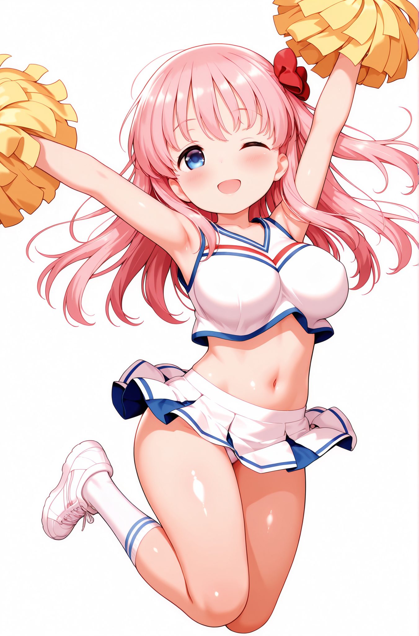 sensitive, 1girl, solo, long_hair, breasts, looking_at_viewer, blush, smile, open_mouth, bangs, blue_eyes, skirt, large_breasts, simple_background, shirt, white_background, bow, ribbon, navel, holding, bare_shoulders, underwear, panties, full_body, hair_ribbon, white_shirt, pink_hair, hair_bow, thighs, pleated_skirt, one_eye_closed, shoes, sleeveless, socks, midriff, shiny, miniskirt, armpits, stomach, white_panties, red_bow, arms_up, crop_top, shiny_skin, kneehighs, bare_arms, sleeveless_shirt, one_side_up, pantyshot, white_footwear, white_skirt, ;d, white_socks, sneakers, jumping, cheerleader, pom_pom_(cheerleading), crop_top_overhang, holding_pom_poms, haramura_nodoka, 長い髪, 赤面, 笑顔, 口開き, 前髪, 青い目, スカート, 大きな胸, シャツ, ボウ, リボン, 肩出し, 下着, パンツ, 髪リボン, 白シャツ, ピンク髪, 髪ボウ, 靴, ソックス, 光沢, ミニスカート, 赤リボン, クロップトップ, 光沢肌, 片側アップ, 白ソックス, 原村和, 原村和_posted