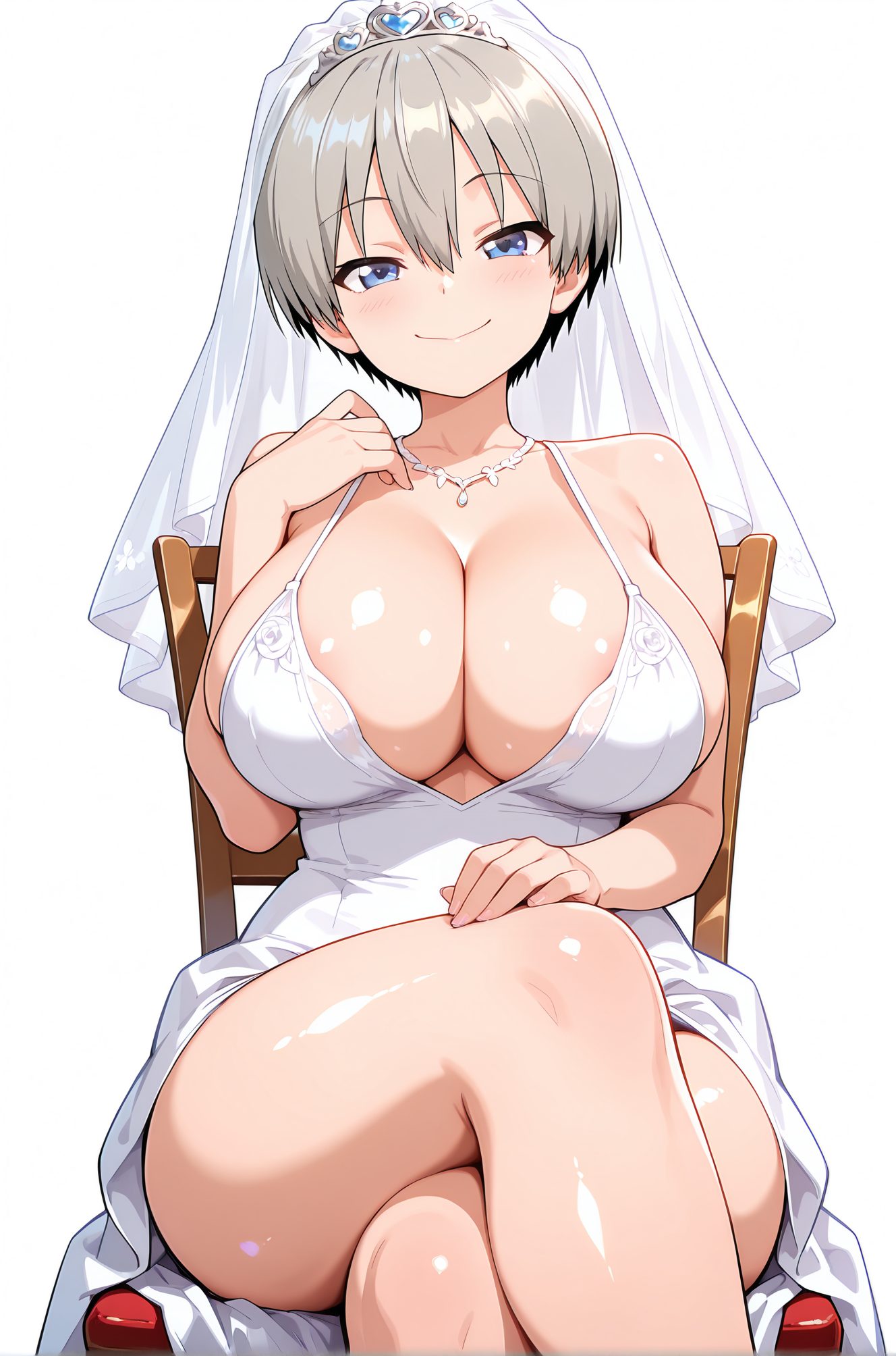 sensitive, questionable, 1girl, solo, breasts, looking_at_viewer, blush, smile, short_hair, bangs, blue_eyes, large_breasts, simple_background, white_background, dress, cleavage, hair_between_eyes, bare_shoulders, jewelry, sitting, closed_mouth, collarbone, grey_hair, thighs, fang, shiny, necklace, white_dress, huge_breasts, shiny_skin, chair, crossed_legs, tiara, veil, wedding_dress, bridal_veil, uzaki_hana, 赤面, 笑顔, 短い髪, 前髪, 青い目, 大きな胸, 目にかかる髪, 肩出し, ジュエリー, 座り, 口閉じ, 鎖骨, 灰髪, 光沢, ネックレス, 巨大な胸, 光沢肌, 宇崎花, ok