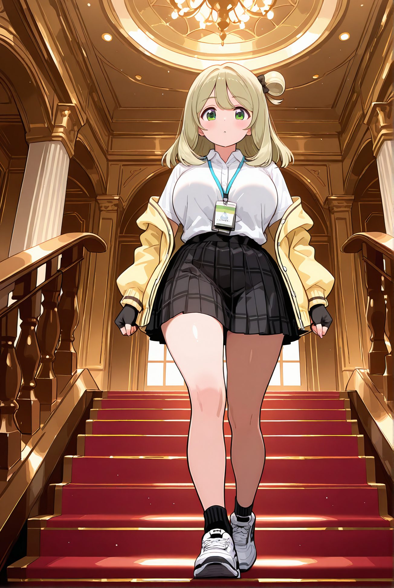 izayoi nonomi, sensitive, 1girl, solo, long_hair, breasts, looking_at_viewer, blush, bangs, skirt, large_breasts, shirt, gloves, school_uniform, green_eyes, standing, jacket, full_body, white_shirt, pleated_skirt, open_clothes, shoes, black_gloves, socks, collared_shirt, indoors, fingerless_gloves, black_skirt, off_shoulder, hair_bun, open_jacket, plaid, halo, plaid_skirt, from_below, single_hair_bun, white_footwear, black_socks, sneakers, stairs, shirt_tucked_in, yellow_jacket, id_card, chandelier, nonomi_(blue_archive), 長い髪, 赤面, 前髪, スカート, 大きな胸, シャツ, 手袋, 学校制服, 緑の目, 白シャツ, 衣服開く, 靴, 黒手袋, ソックス, 髪団子, 黒ソックス, 十六夜ののみ_posted