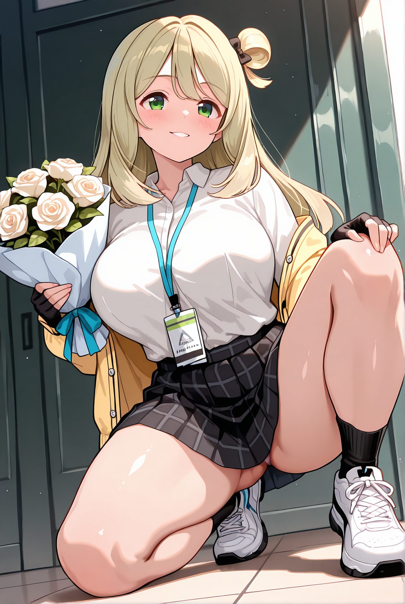 izayoi nonomi, sensitive, 1girl, solo, long_hair, breasts, looking_at_viewer, blush, smile, bangs, skirt, blonde_hair, large_breasts, shirt, gloves, long_sleeves, bow, holding, underwear, school_uniform, green_eyes, panties, jacket, white_shirt, flower, hair_bow, thighs, pleated_skirt, parted_lips, open_clothes, shoes, black_gloves, socks, collared_shirt, fingerless_gloves, black_skirt, hair_bun, white_panties, open_jacket, plaid, rose, plaid_skirt, pantyshot, squatting, single_hair_bun, white_footwear, white_flower, black_socks, sneakers, bouquet, shirt_tucked_in, yellow_jacket, id_card, white_rose, holding_bouquet, lanyard, nonomi_(blue_archive), 長い髪, 赤面, 笑顔, 前髪, スカート, 金髪, 大きな胸, シャツ, 手袋, ボウ, 下着, 学校制服, 緑の目, パンツ, 白シャツ, 髪ボウ, 衣服開く, 靴, 黒手袋, ソックス, 髪団子, 黒ソックス, 十六夜ののみ_posted