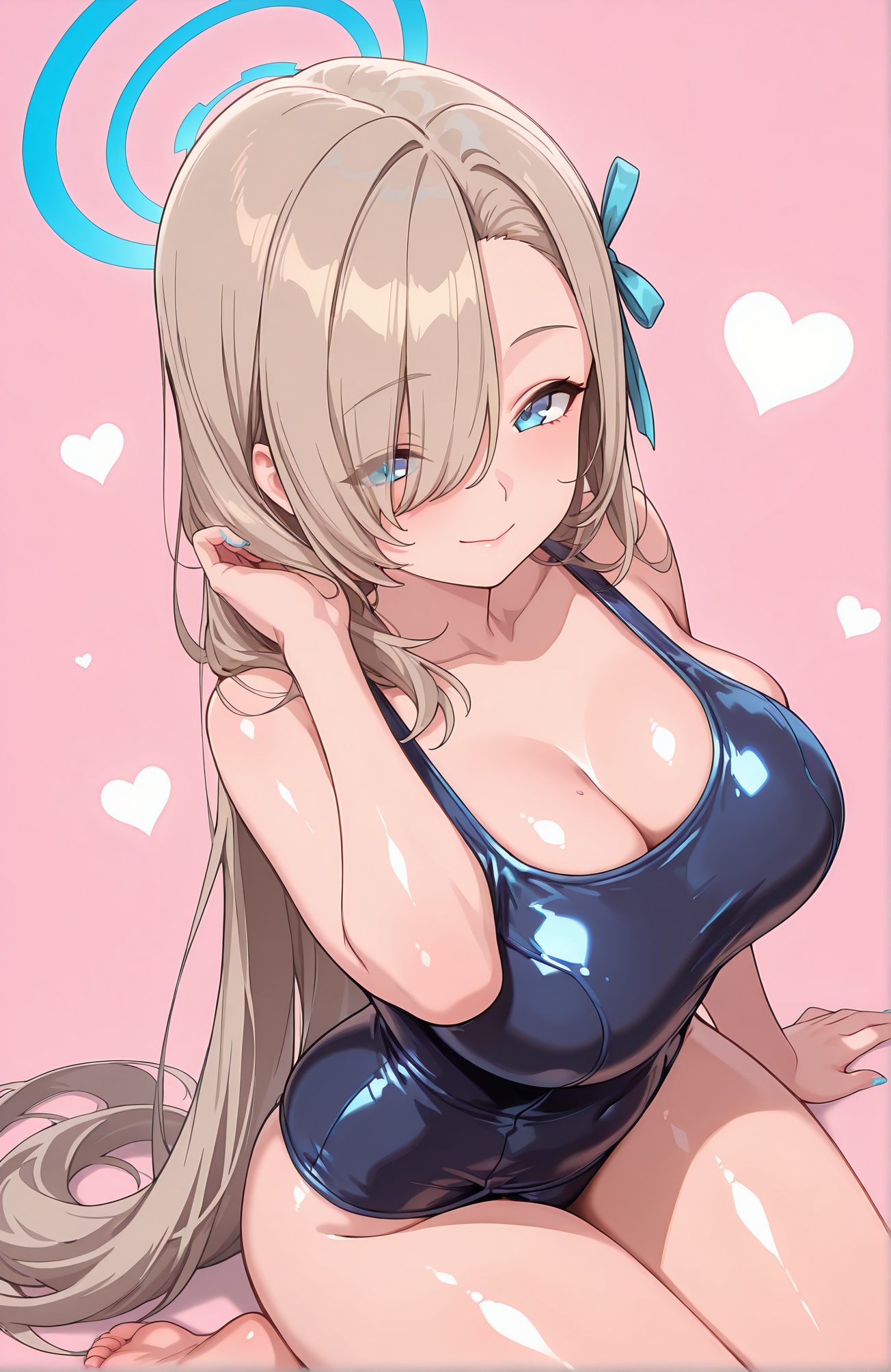 sensitive, 1girl, solo, long_hair, breasts, looking_at_viewer, blush, smile, bangs, blue_eyes, large_breasts, simple_background, ribbon, cleavage, bare_shoulders, sitting, very_long_hair, closed_mouth, collarbone, swimsuit, hair_ribbon, heart, thighs, barefoot, alternate_costume, shiny, hand_up, nail_polish, mole, hair_over_one_eye, one-piece_swimsuit, shiny_skin, bare_arms, covered_navel, halo, pink_background, school_swimsuit, light_brown_hair, eyes_visible_through_hair, blue_nails, shiny_clothes, mole_on_breast, blue_one-piece_swimsuit, asuna_(blue_archive), 長い髪, 赤面, 笑顔, 前髪, 青い目, 大きな胸, リボン, 肩出し, 座り, とても長い髪, 口閉じ, 鎖骨, 水着, 髪リボン, 光沢, ワンピース水着, 光沢肌, 学校水着, アスナ（ブルーアーカイブ）, 一之瀬アスナ_posted