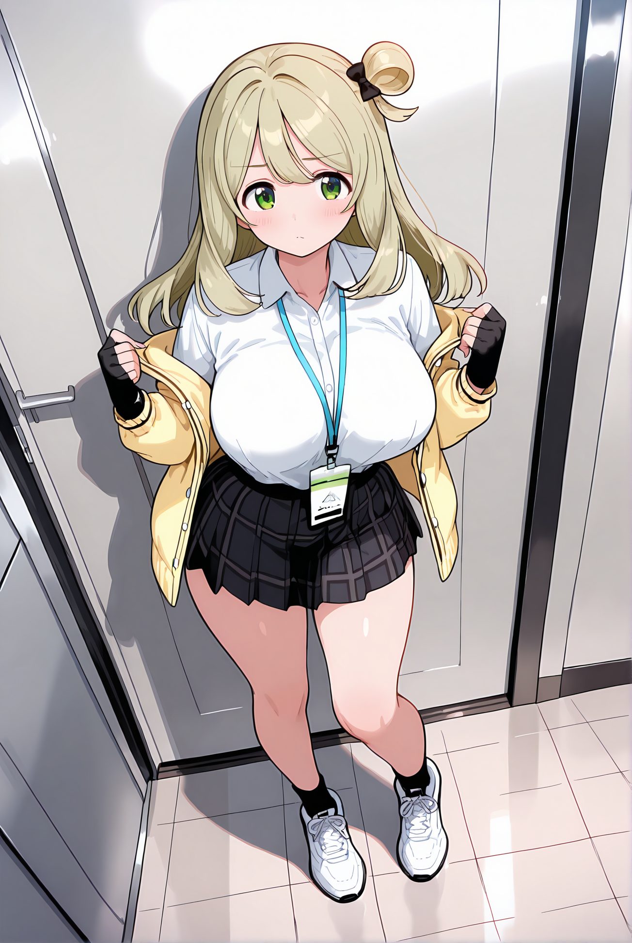 izayoi nonomi, sensitive, 1girl, solo, long_hair, breasts, looking_at_viewer, blush, bangs, skirt, large_breasts, shirt, gloves, long_sleeves, bow, closed_mouth, school_uniform, green_eyes, standing, jacket, full_body, white_shirt, hair_bow, pleated_skirt, open_clothes, shoes, black_gloves, socks, collared_shirt, fingerless_gloves, black_skirt, off_shoulder, hair_bun, open_jacket, plaid, black_bow, shadow, halo, plaid_skirt, single_hair_bun, white_footwear, black_socks, sneakers, single_side_bun, yellow_jacket, id_card, lanyard, nonomi_(blue_archive), 長い髪, 赤面, 前髪, スカート, 大きな胸, シャツ, 手袋, ボウ, 口閉じ, 学校制服, 緑の目, 白シャツ, 髪ボウ, 衣服開く, 靴, 黒手袋, ソックス, 髪団子, 黒ソックス, 十六夜ののみ_posted