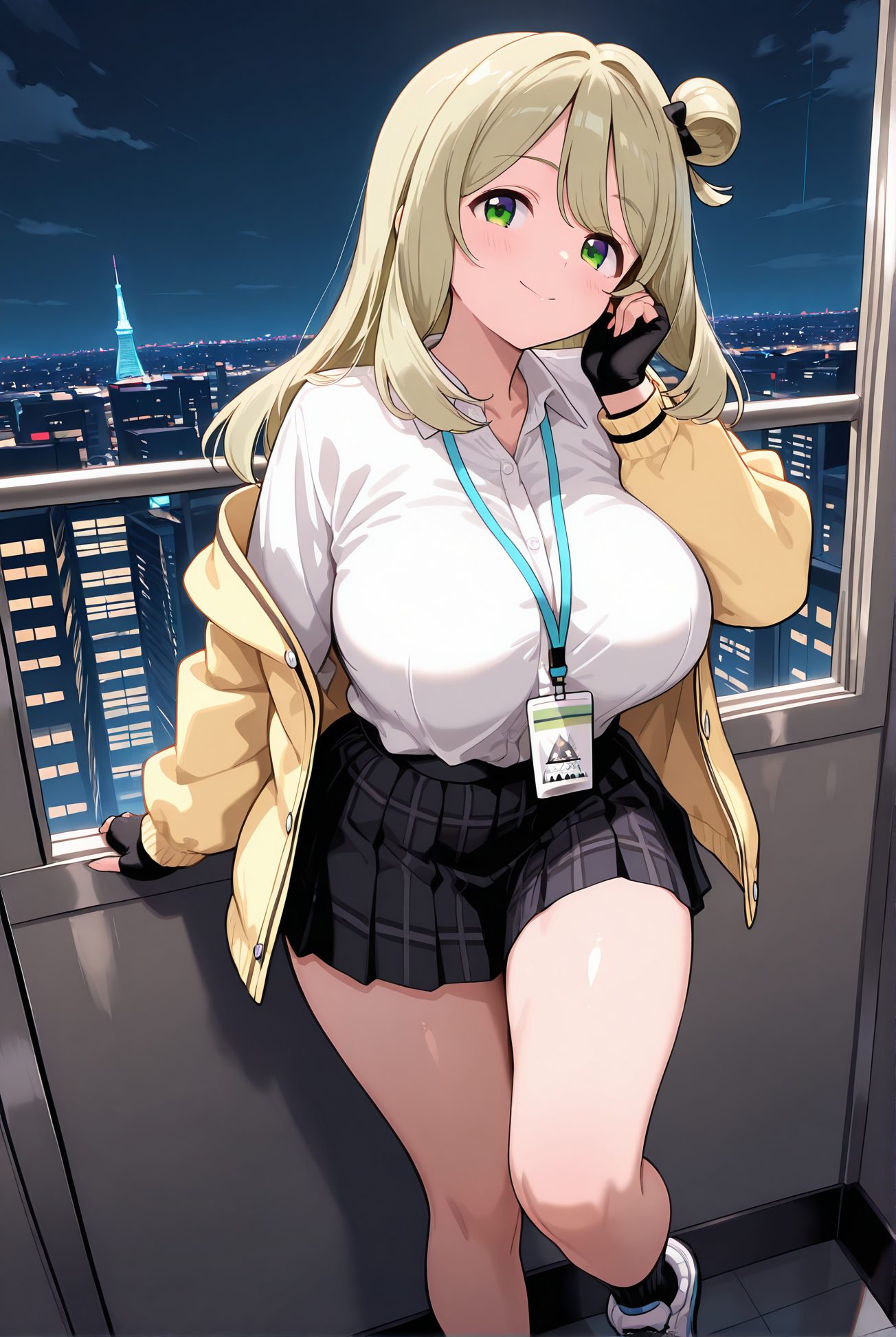 izayoi nonomi, sensitive, 1girl, solo, long_hair, breasts, looking_at_viewer, blush, smile, bangs, skirt, blonde_hair, large_breasts, shirt, gloves, long_sleeves, school_uniform, green_eyes, jacket, white_shirt, thighs, pleated_skirt, open_clothes, sky, shoes, black_gloves, socks, collared_shirt, fingerless_gloves, black_skirt, hair_bun, open_jacket, plaid, night, halo, plaid_skirt, single_hair_bun, sneakers, cityscape, yellow_jacket, id_card, lanyard, nonomi_(blue_archive), 長い髪, 赤面, 笑顔, 前髪, スカート, 金髪, 大きな胸, シャツ, 手袋, 学校制服, 緑の目, 白シャツ, 衣服開く, 靴, 黒手袋, ソックス, 髪団子, 十六夜ののみ_posted