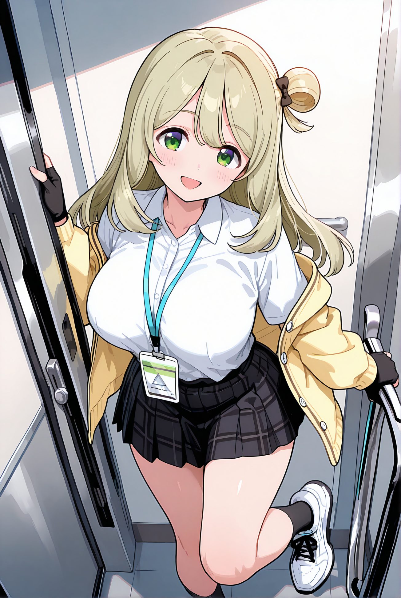izayoi nonomi, sensitive, 1girl, solo, long_hair, breasts, looking_at_viewer, blush, smile, open_mouth, bangs, skirt, large_breasts, shirt, gloves, long_sleeves, bow, school_uniform, green_eyes, standing, jacket, white_shirt, :d, hair_bow, pleated_skirt, open_clothes, shoes, black_gloves, socks, collared_shirt, fingerless_gloves, black_skirt, hair_bun, open_jacket, plaid, halo, plaid_skirt, single_hair_bun, white_footwear, standing_on_one_leg, sneakers, yellow_jacket, id_card, nonomi_(blue_archive), 長い髪, 赤面, 笑顔, 口開き, 前髪, スカート, 大きな胸, シャツ, 手袋, ボウ, 学校制服, 緑の目, 白シャツ, 髪ボウ, 衣服開く, 靴, 黒手袋, ソックス, 髪団子, 十六夜ののみ_posted