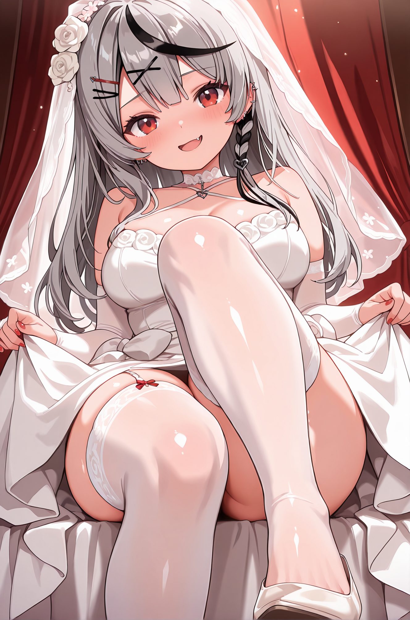 sensitive, 1girl, solo, long_hair, breasts, looking_at_viewer, blush, smile, open_mouth, bangs, large_breasts, black_hair, hair_ornament, red_eyes, thighhighs, gloves, dress, cleavage, bare_shoulders, jewelry, sitting, underwear, panties, braid, flower, :d, grey_hair, thighs, multicolored_hair, earrings, detached_sleeves, hairclip, fang, virtual_youtuber, hair_flower, clothes_lift, nail_polish, white_dress, high_heels, white_thighhighs, streaked_hair, black_panties, rose, garter_straps, piercing, white_footwear, x_hair_ornament, white_flower, lifted_by_self, ear_piercing, veil, red_nails, dress_lift, wedding_dress, bridal_veil, bride, sakamata_chloe, 長い髪, 赤面, 笑顔, 口開き, 前髪, 大きな胸, 黒髪, 髪飾り, 赤い目, 太ももハイソックス, 手袋, 肩出し, ジュエリー, 座り, 下着, パンツ, 灰髪, 多色髪, イヤリング, ヘアクリップ, バーチャルYouTuber, 髪の花, 衣服たくし上げ, 沙花叉クロヱ