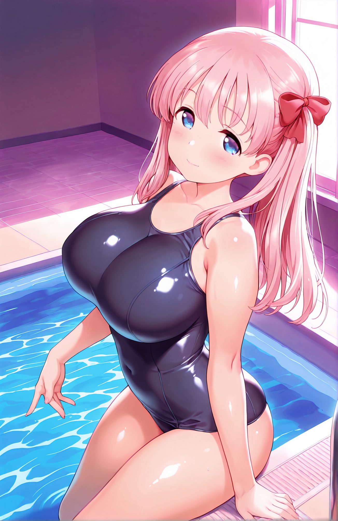 sensitive, 1girl, solo, long_hair, breasts, looking_at_viewer, blush, smile, bangs, blue_eyes, large_breasts, bow, ribbon, bare_shoulders, twintails, sitting, closed_mouth, collarbone, swimsuit, pink_hair, hair_bow, thighs, shiny, indoors, water, red_bow, one-piece_swimsuit, shiny_skin, bare_arms, covered_navel, school_swimsuit, skin_tight, shiny_clothes, impossible_clothes, blue_one-piece_swimsuit, black_one-piece_swimsuit, tiles, pool, tile_floor, soaking_feet, poolside, impossible_swimsuit, haramura_nodoka, 長い髪, 赤面, 笑顔, 前髪, 青い目, 大きな胸, ボウ, リボン, 肩出し, ツインテール, 座り, 口閉じ, 鎖骨, 水着, ピンク髪, 髪ボウ, 光沢, 赤リボン, ワンピース水着, 光沢肌, 学校水着, 不可能水着（物理法則を無視した水着）, 原村和, 原村和_posted
