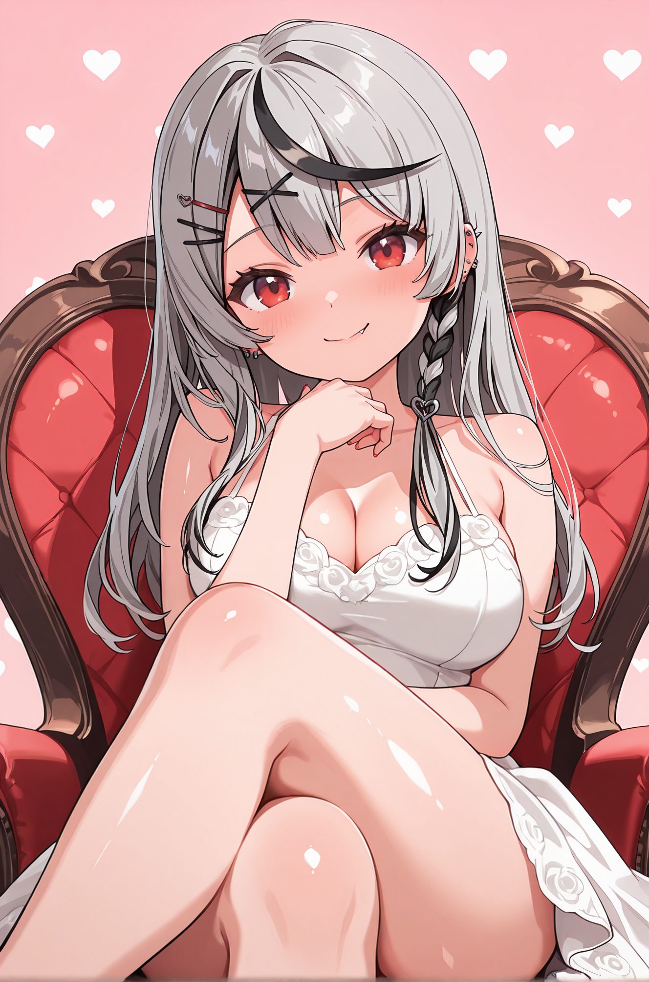sensitive, 1girl, solo, long_hair, breasts, looking_at_viewer, blush, smile, bangs, large_breasts, black_hair, hair_ornament, red_eyes, dress, cleavage, bare_shoulders, sitting, closed_mouth, braid, grey_hair, heart, thighs, multicolored_hair, earrings, hairclip, fang, shiny, virtual_youtuber, white_dress, streaked_hair, sleeveless_dress, chair, piercing, pink_background, crossed_legs, x_hair_ornament, ear_piercing, spaghetti_strap, fang_out, on_chair, armchair, sakamata_chloe, 長い髪, 赤面, 笑顔, 前髪, 大きな胸, 黒髪, 髪飾り, 赤い目, 肩出し, 座り, 口閉じ, 灰髪, 多色髪, イヤリング, ヘアクリップ, 光沢, バーチャルYouTuber, 沙花叉クロヱ