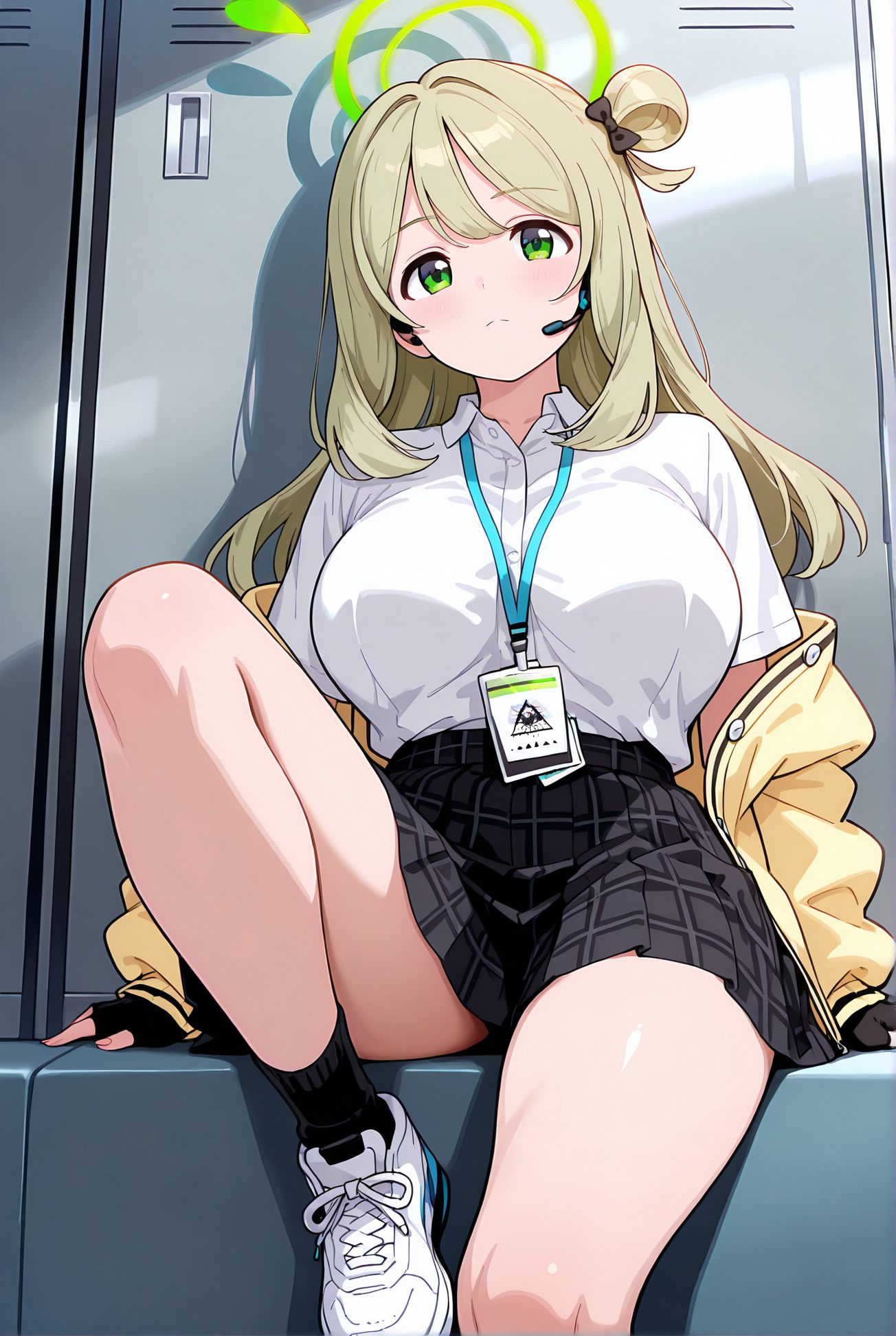 izayoi nonomi, sensitive, 1girl, solo, long_hair, breasts, looking_at_viewer, blush, bangs, skirt, blonde_hair, large_breasts, shirt, gloves, long_sleeves, bow, sitting, closed_mouth, green_eyes, jacket, white_shirt, short_sleeves, hair_bow, thighs, pleated_skirt, open_clothes, shoes, black_gloves, socks, collared_shirt, fingerless_gloves, black_skirt, off_shoulder, hair_bun, open_jacket, plaid, dress_shirt, halo, plaid_skirt, single_hair_bun, white_footwear, black_socks, sneakers, knee_up, shirt_tucked_in, single_side_bun, yellow_jacket, id_card, lanyard, nonomi_(blue_archive), 長い髪, 赤面, 前髪, スカート, 金髪, 大きな胸, シャツ, 手袋, ボウ, 座り, 口閉じ, 緑の目, 白シャツ, 髪ボウ, 衣服開く, 靴, 黒手袋, ソックス, 髪団子, 黒ソックス, 十六夜ののみ_posted