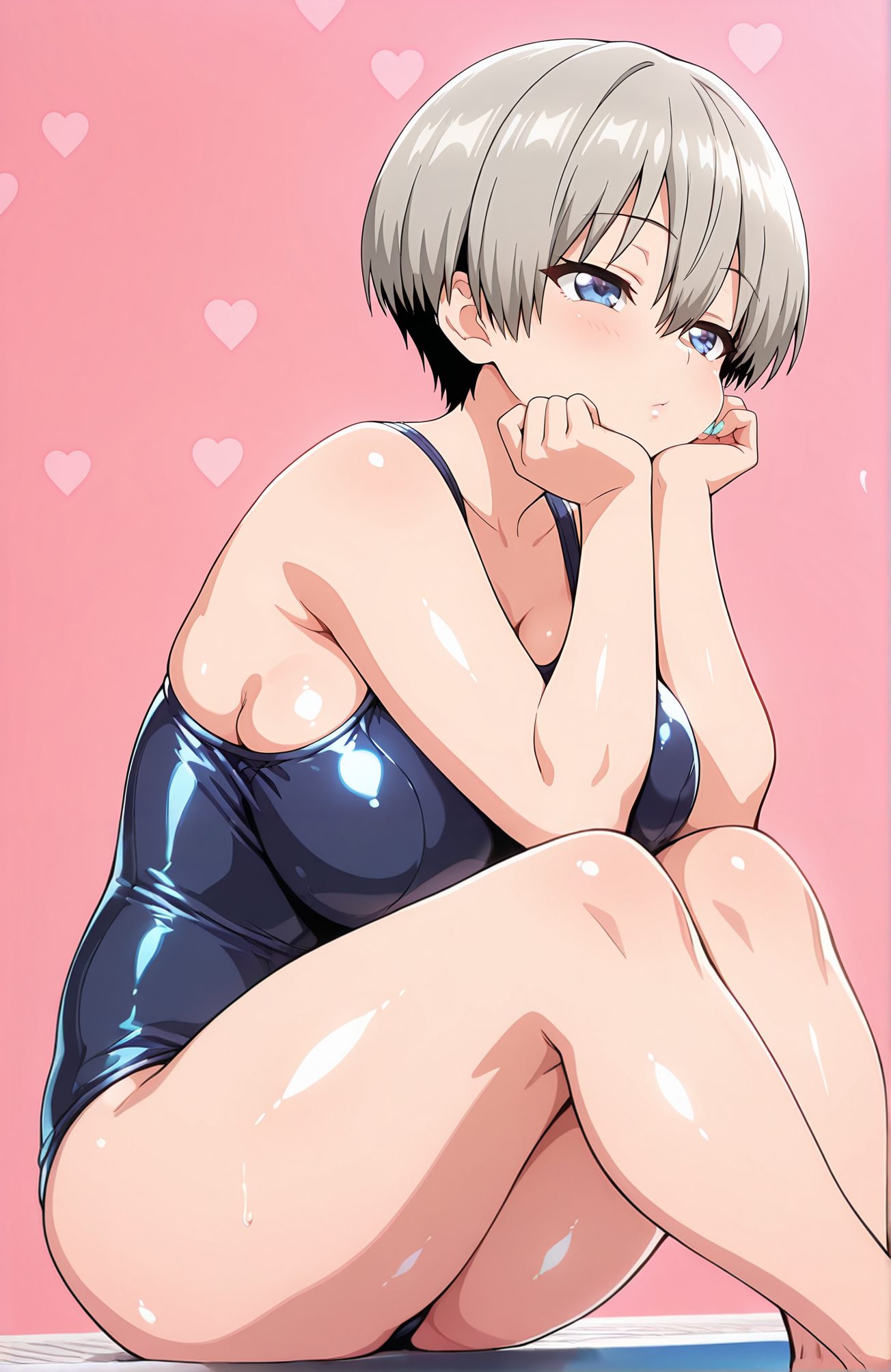 sensitive, 1girl, solo, breasts, blush, short_hair, bangs, blue_eyes, large_breasts, hair_between_eyes, bare_shoulders, sitting, closed_mouth, collarbone, swimsuit, grey_hair, heart, thighs, multicolored_hair, shiny, one-piece_swimsuit, shiny_skin, sideboob, pink_background, school_swimsuit, shiny_clothes, head_rest, blue_one-piece_swimsuit, uzaki_hana, 赤面, 短い髪, 前髪, 青い目, 大きな胸, 目にかかる髪, 肩出し, 座り, 口閉じ, 鎖骨, 水着, 灰髪, 多色髪, 光沢, ワンピース水着, 光沢肌, 学校水着, 宇崎花, 宇崎花_posted