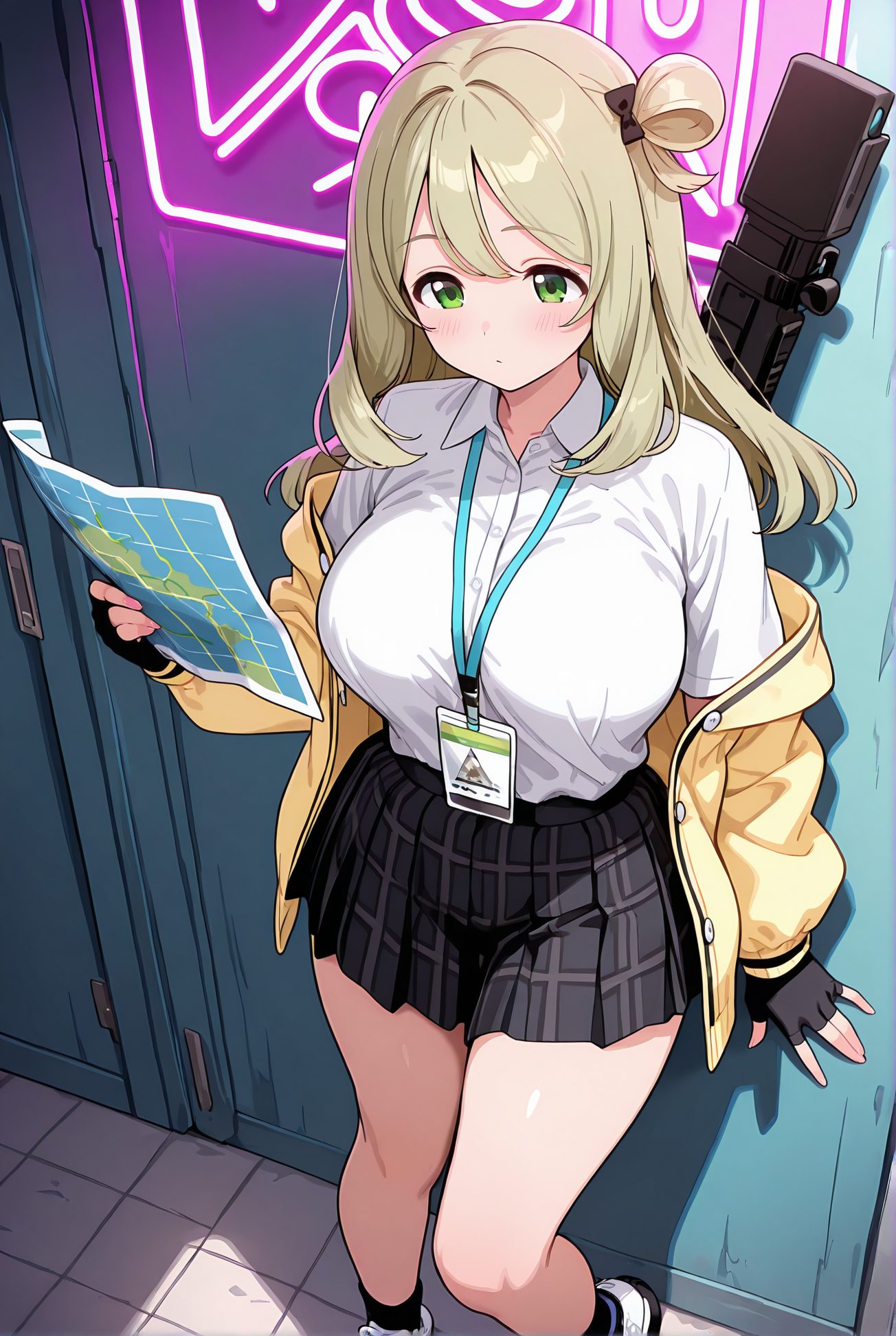 izayoi nonomi, sensitive, 1girl, solo, long_hair, breasts, blush, bangs, skirt, large_breasts, shirt, gloves, long_sleeves, bow, holding, school_uniform, green_eyes, standing, jacket, white_shirt, weapon, hair_bow, thighs, pleated_skirt, open_clothes, shoes, black_gloves, socks, collared_shirt, fingerless_gloves, black_skirt, off_shoulder, open_jacket, gun, plaid, halo, plaid_skirt, white_footwear, black_socks, sneakers, rifle, shirt_tucked_in, yellow_jacket, id_card, lanyard, nonomi_(blue_archive), 長い髪, 赤面, 前髪, スカート, 大きな胸, シャツ, 手袋, ボウ, 学校制服, 緑の目, 白シャツ, 髪ボウ, 衣服開く, 靴, 黒手袋, ソックス, 黒ソックス, 十六夜ののみ_posted